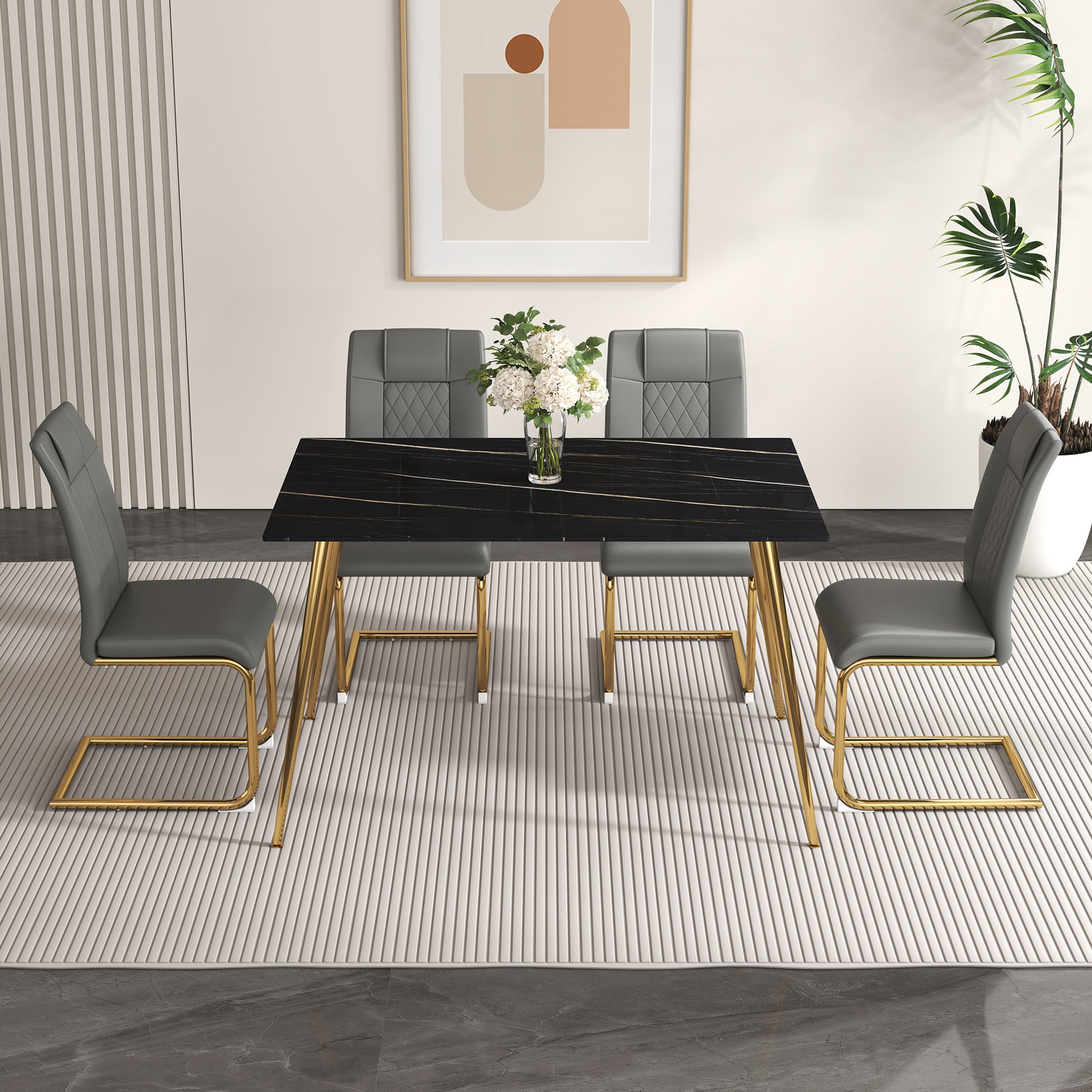 Table And Chair Set. 1 Table With 4 Gray Pu Chairs. Modern Minimalist Rectangular Black Imitation Marble Dining Table, With Golden Metal Legs. Paired With 4 Chairs With Golden Legs.Dt 1544 C001 Black Gold Glass Metal