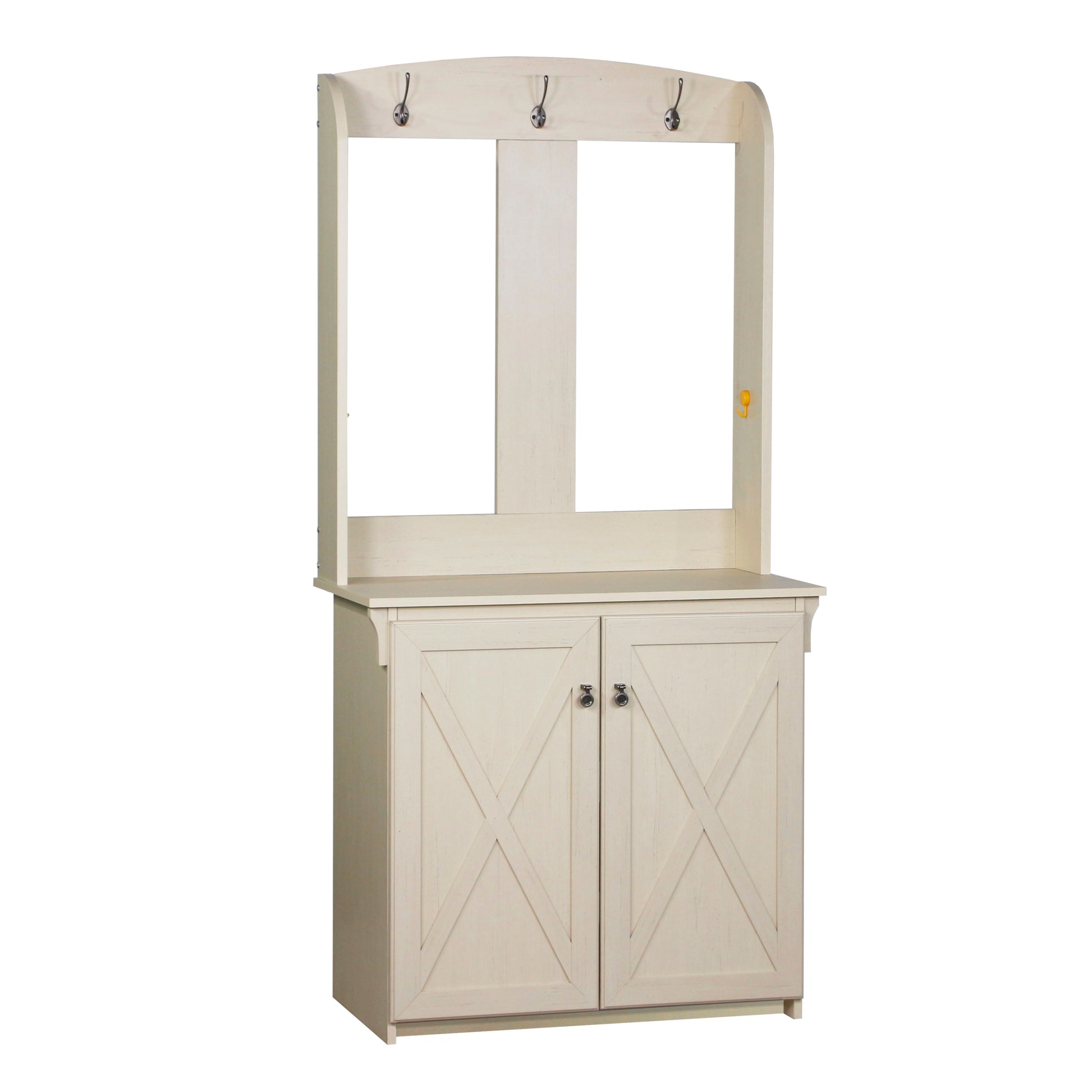 Hall Tree & Cabinet "Vintage Antique White Hall Tree With Spacious Storage Elegant Entryway Furniture With Robust Metal Hooks" White Solid Wood