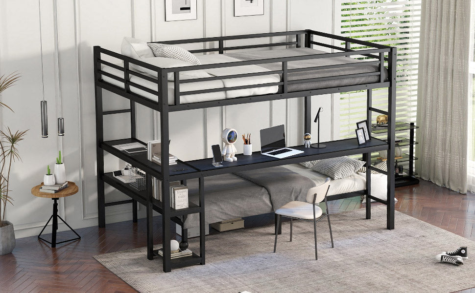 Full Xl Over Twin Bunk Bed With Desk And Shelves, Multiple Placement, With Led And Usb, Black Black Metal