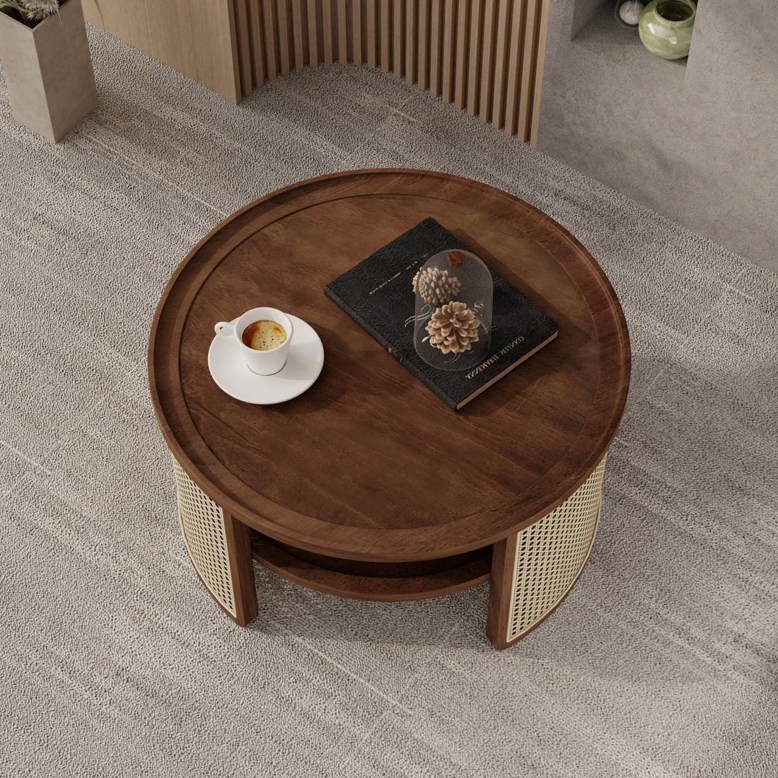 2 Tiered Round Walnut Wood Coffee Table With Storage Rattan Base In 31.3'' Walnut Rubber Wood