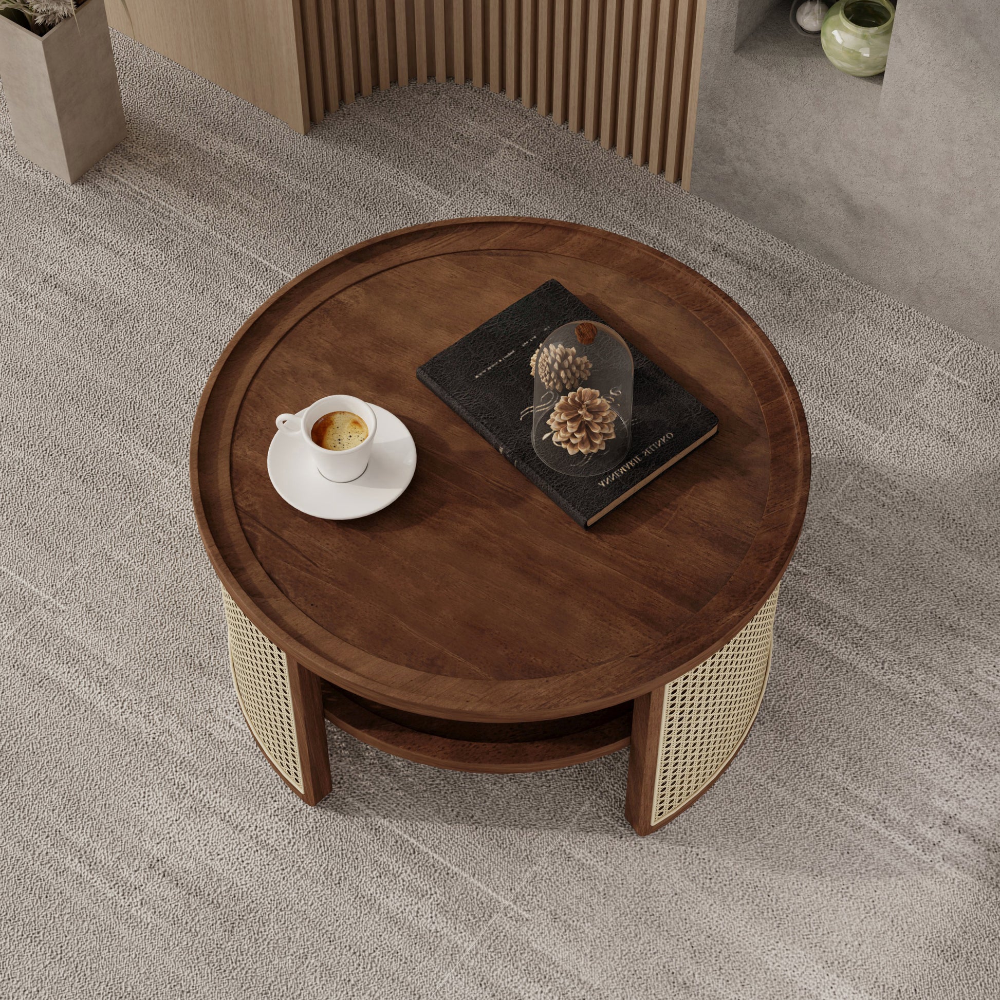 2 Tiered Round Walnut Wood Coffee Table With Storage Rattan Base In 31.3'' Walnut Rubber Wood