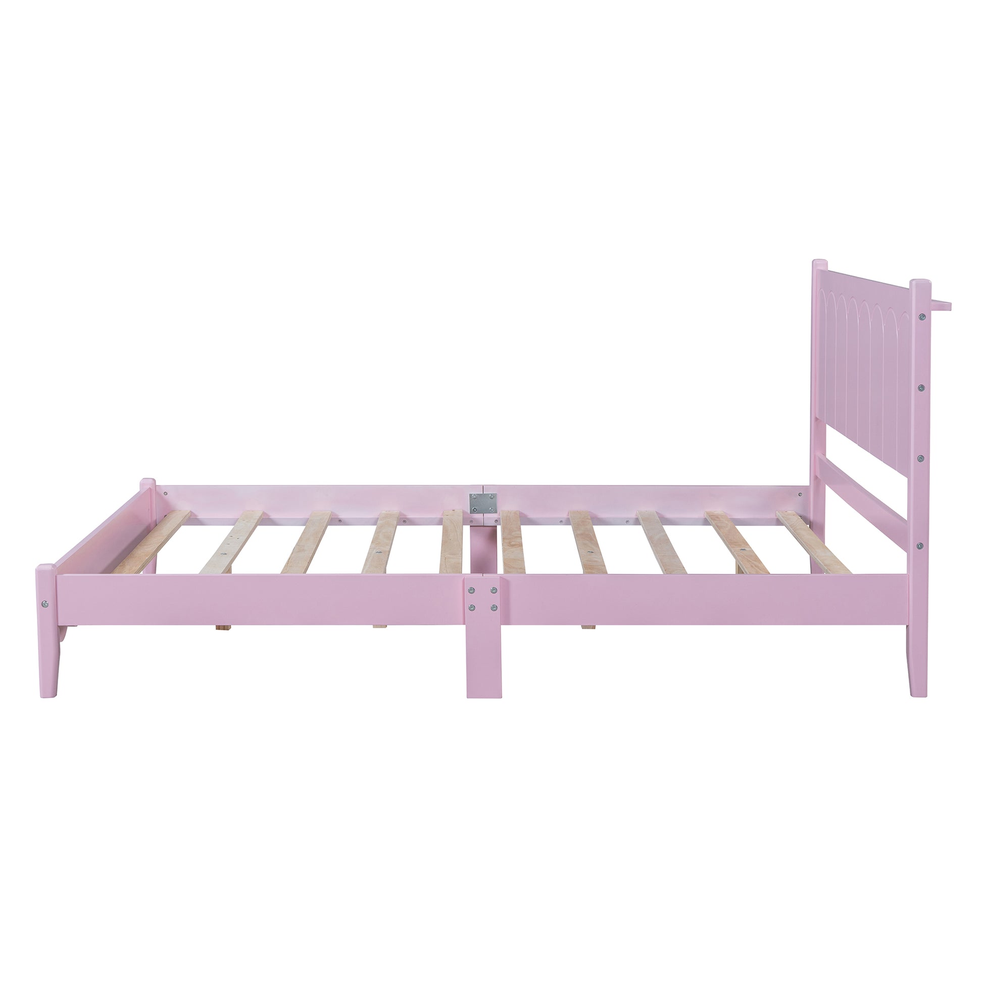 Full Size Wood Platform Bed Frame, Retro Style Bed With Rectangular Headboard,No Need Box Spring,Pink Full Pink Wood