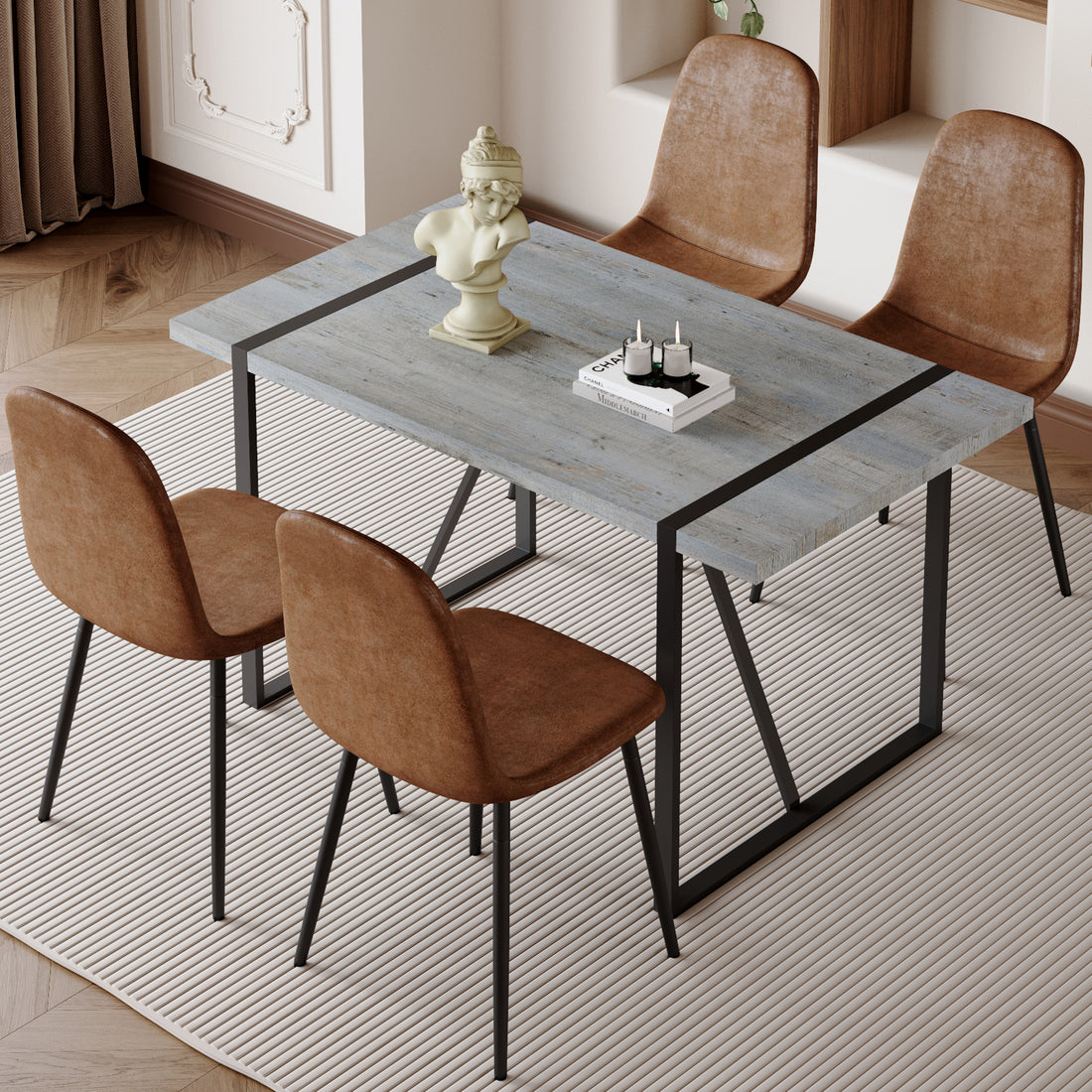 Table And Chair Set. A Minimalist Retro Rectangular Dining Table With A Specially Textured Top And Black Metal Legs, Paired With 4 Soft Chairs And Black Metal Legs, Showcases A Beautiful Home Style.