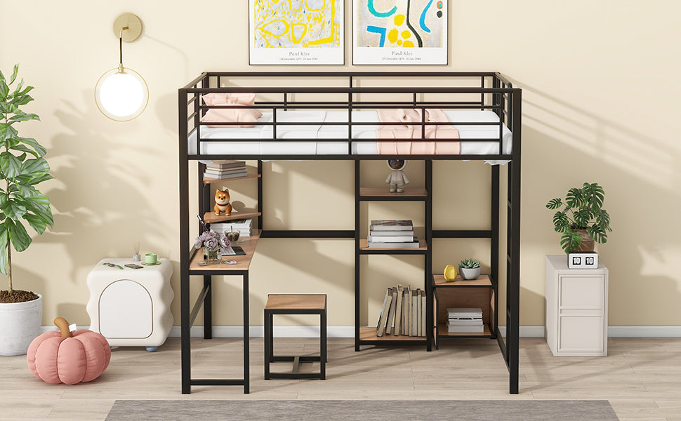 Full Size Loft Bed With Desk And Stool, Metal Loft Bed With Open Style Wardrobe, Shelves And Cabinet, Black Full Black Metal & Wood