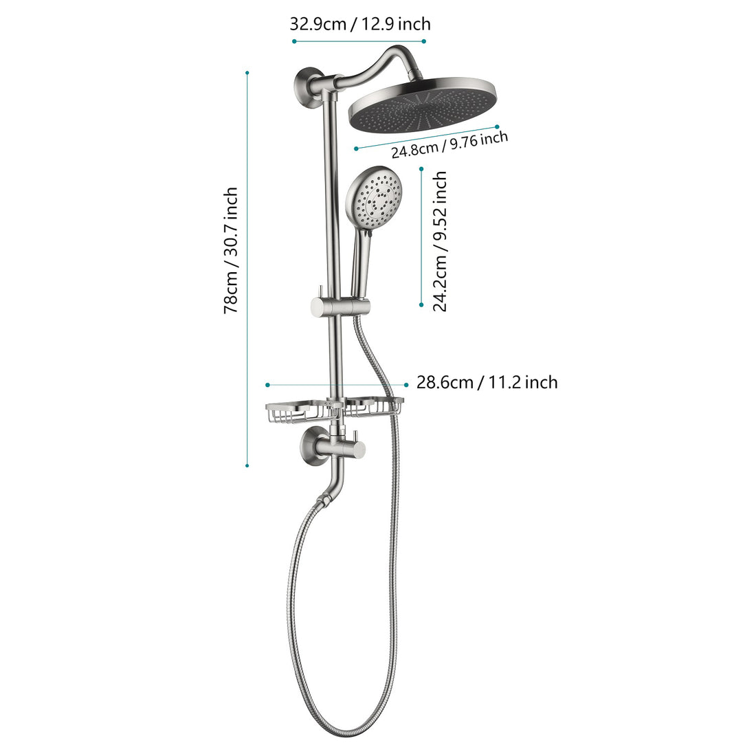 Showerspas Shower System, With 10" Rain Showerhead, 4 Function Hand Shower, Adjustable Slide Bar And Soap Dish Brushed Nickel Brass,Stainless Steel