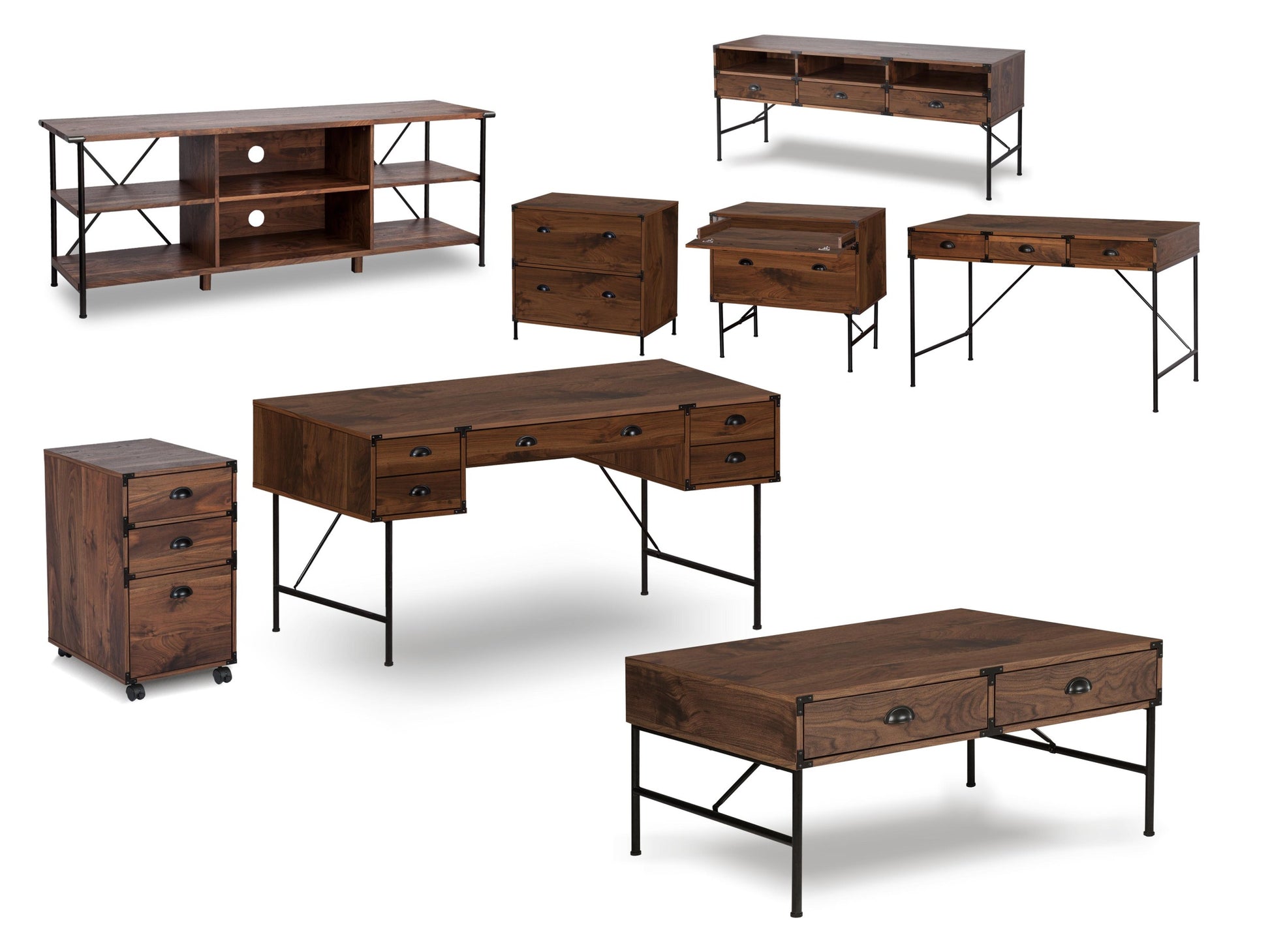 59" Writing Desk "Versatile Walnut Office Desk With Contemporary Metal Frame & Multiple Storage Drawers" Brown Solid Wood