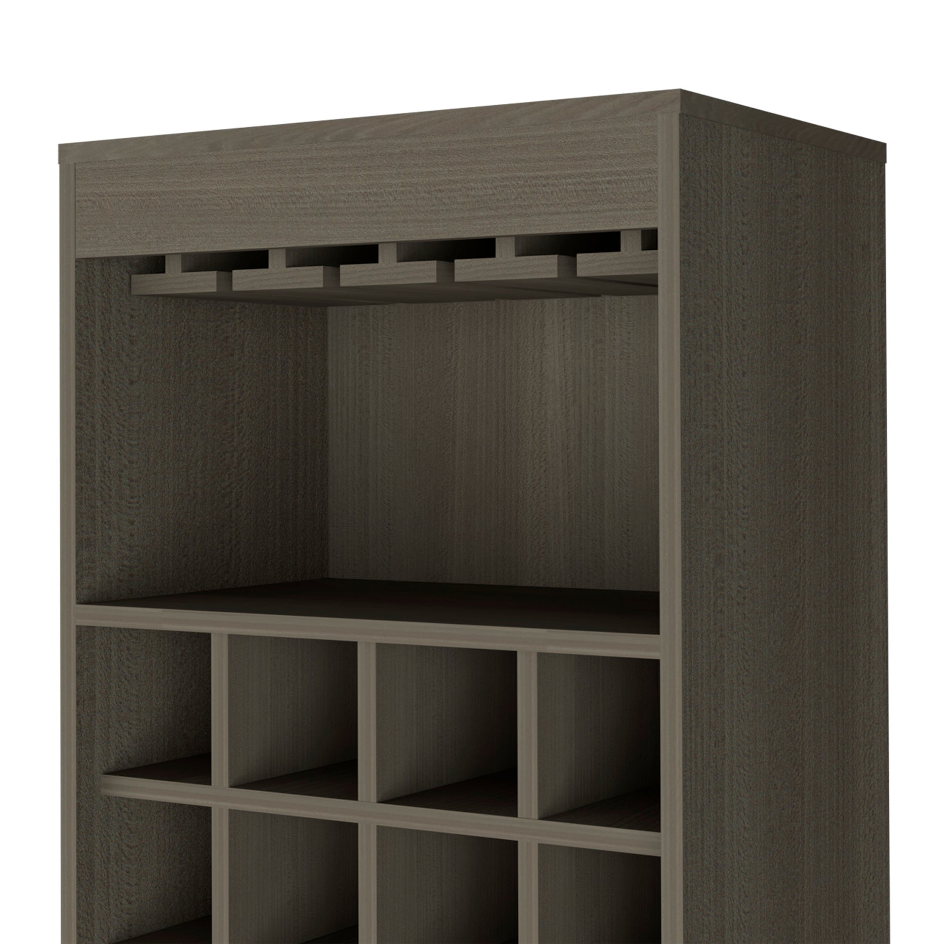 Kava Bar Cabinet, Concealable Serving Tray, Sixteen Built In Wine Rack, One Shelf, Double Door Smokey Oak Smoke Grey Particle Board Particle Board