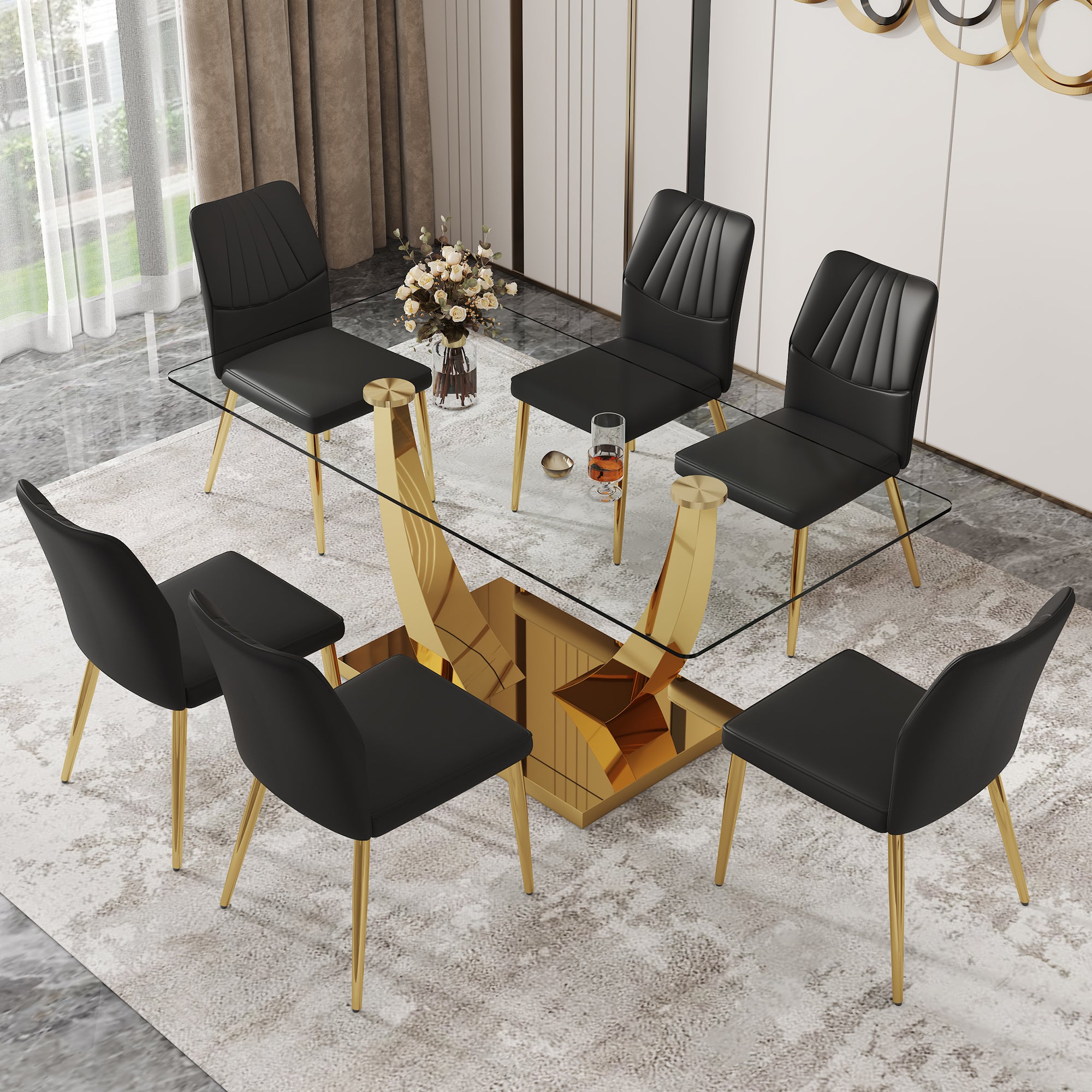 Table And Chair Set.Modern Rectangular Dining Table With Transparent Tempered Glass Tabletop And Gold Plated Metal Legs.Paried With 6 Comfortable Chairs With Pu Seats And Golden Metal Legs. Black Gold,Transparent Seats 6 Glass Metal