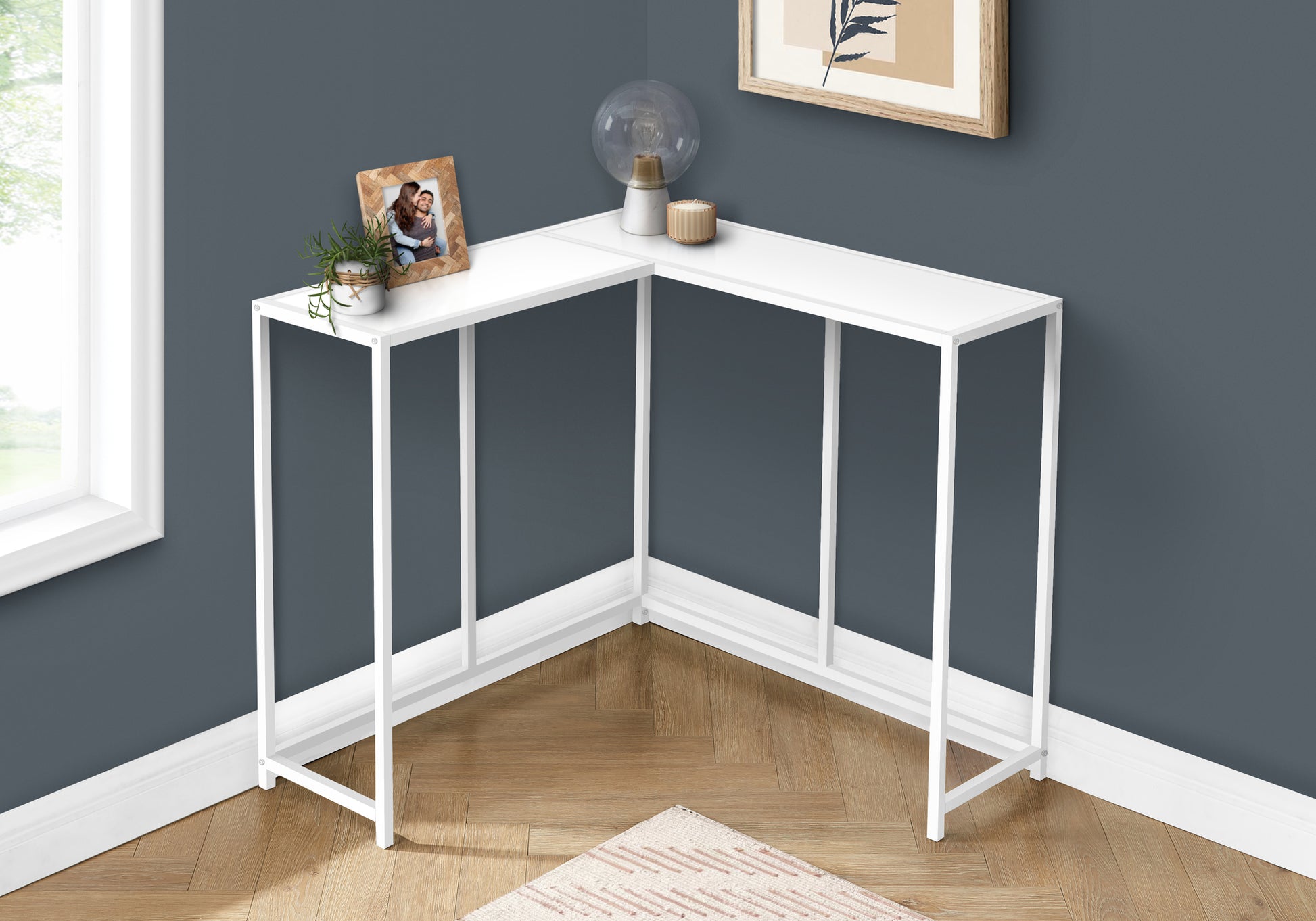 Accent Table, Console, Entryway, Narrow, Corner, Living Room, Bedroom, White Laminate, White Metal, Contemporary, Modern White Particle Board