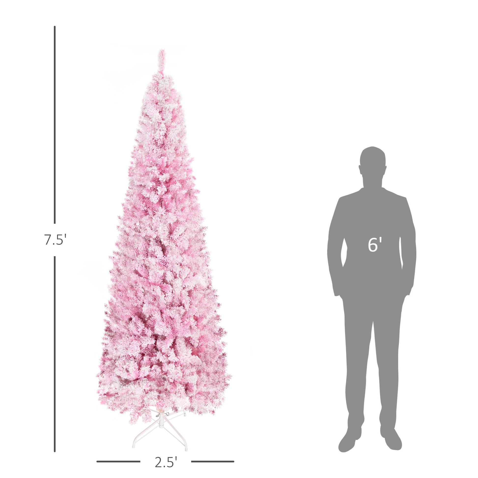 Homcom 7.5' Tall Unlit Snow Flocked Artificial Christmas Tree Slim Pencil Xmas Tree With Pine Shape And Realistic Branches, Pink Pink Plastic