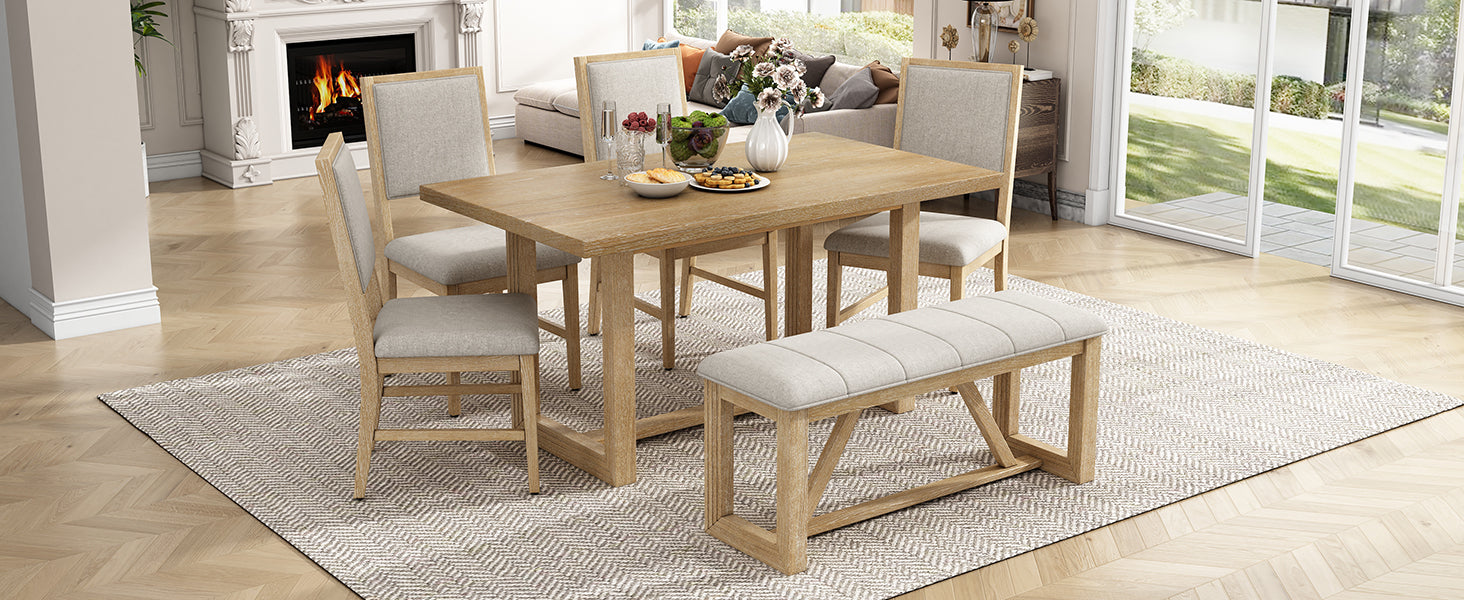 6 Piece Retro Dining Set, 1 Rectangular Table With Designed Trestle Base And 4 Upholstered Chairs And 1 Bench For Dining Room And Kitchen Natural Natural Solid Wood Mdf