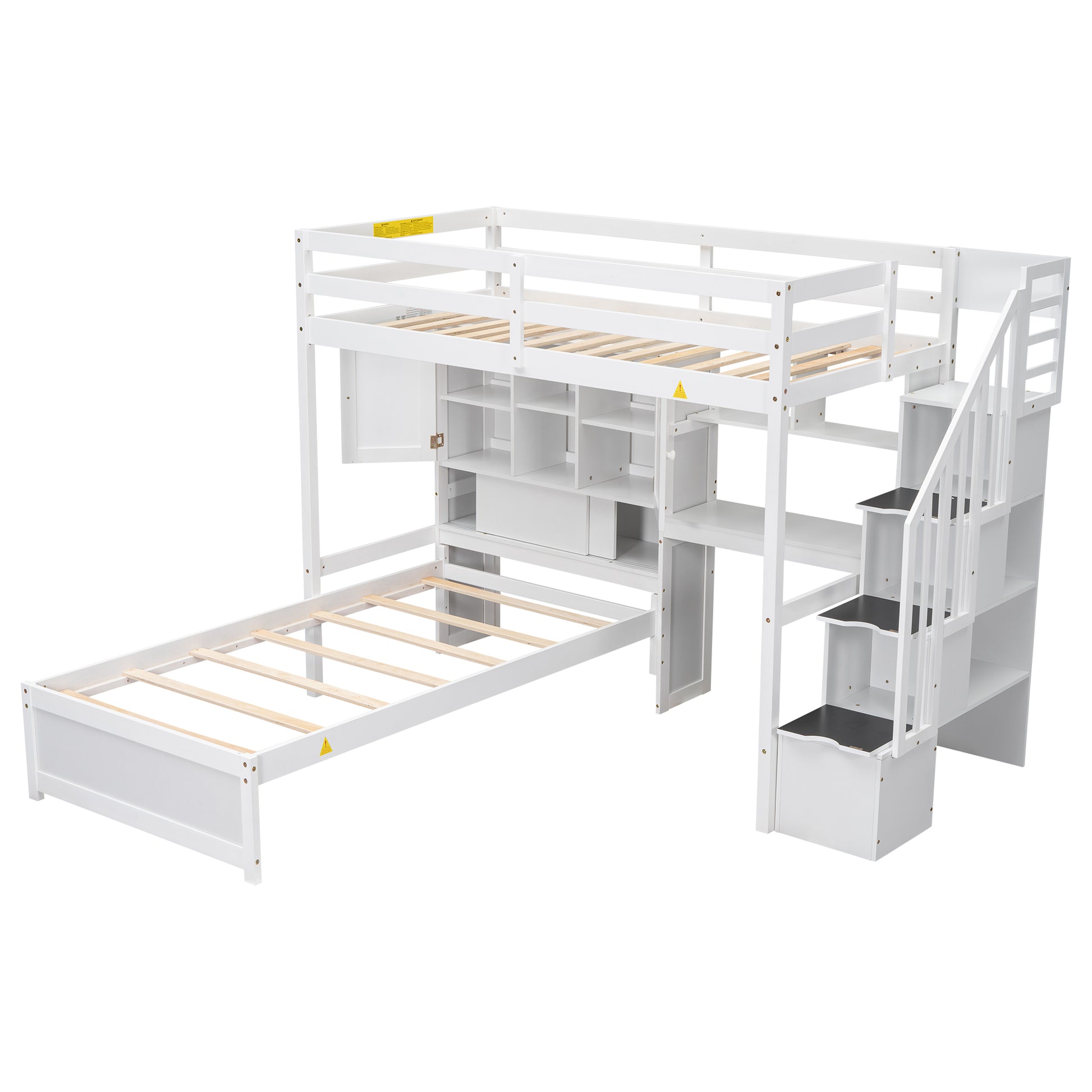 Twin Over Twin Loft Bed With Built In Desk And Staircase, With Storage Compartments And Shelves, White Twin Box Spring Not Required White Wood Pine