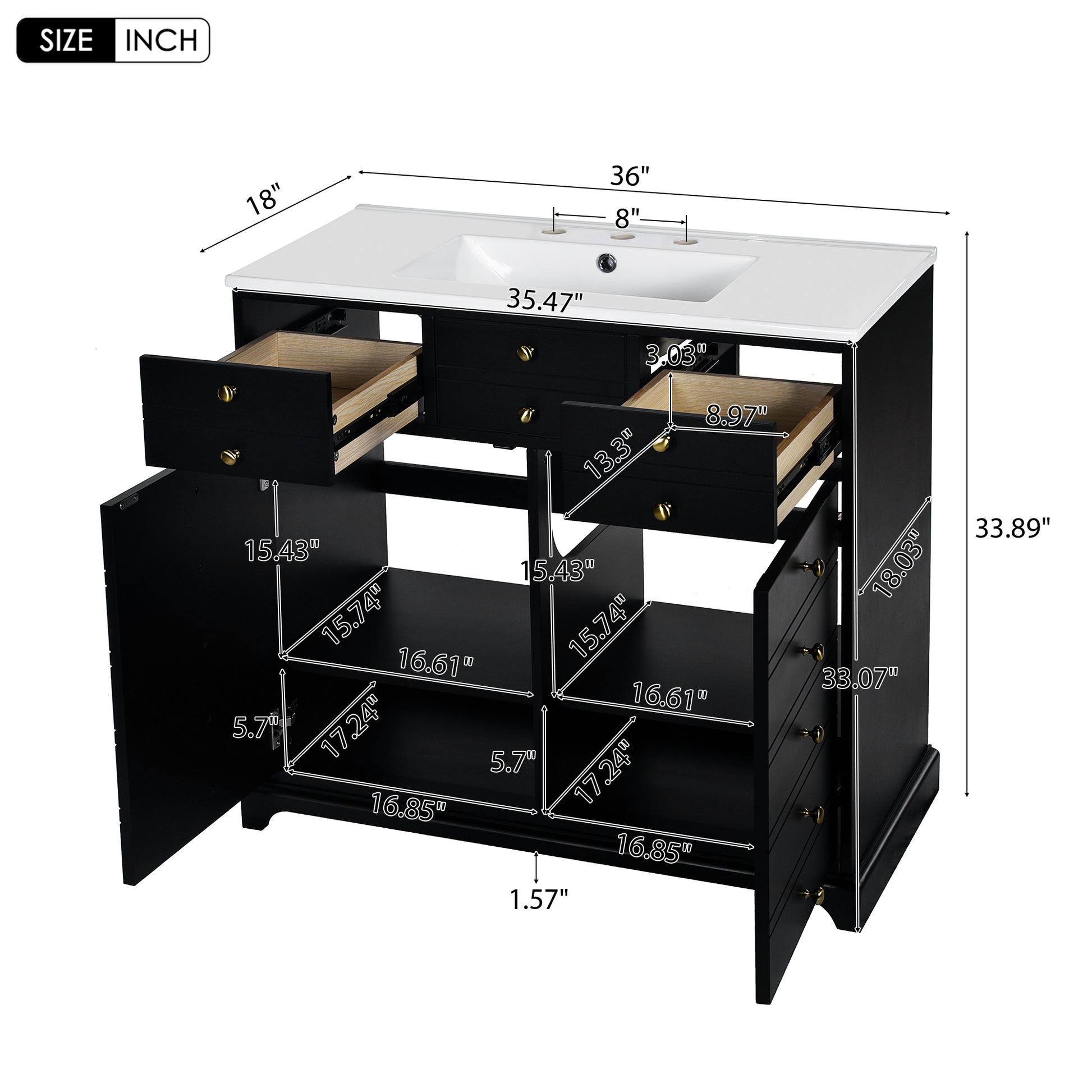 36'' Bathroom Vanity With Resin Sink Combo, Solid Wood Frame Bathroom Storage Cabinet, Freestanding Vanity Set With 2 Drawers& Soft Closing Doors, Black Black Bathroom Solid Wood Mdf Resin