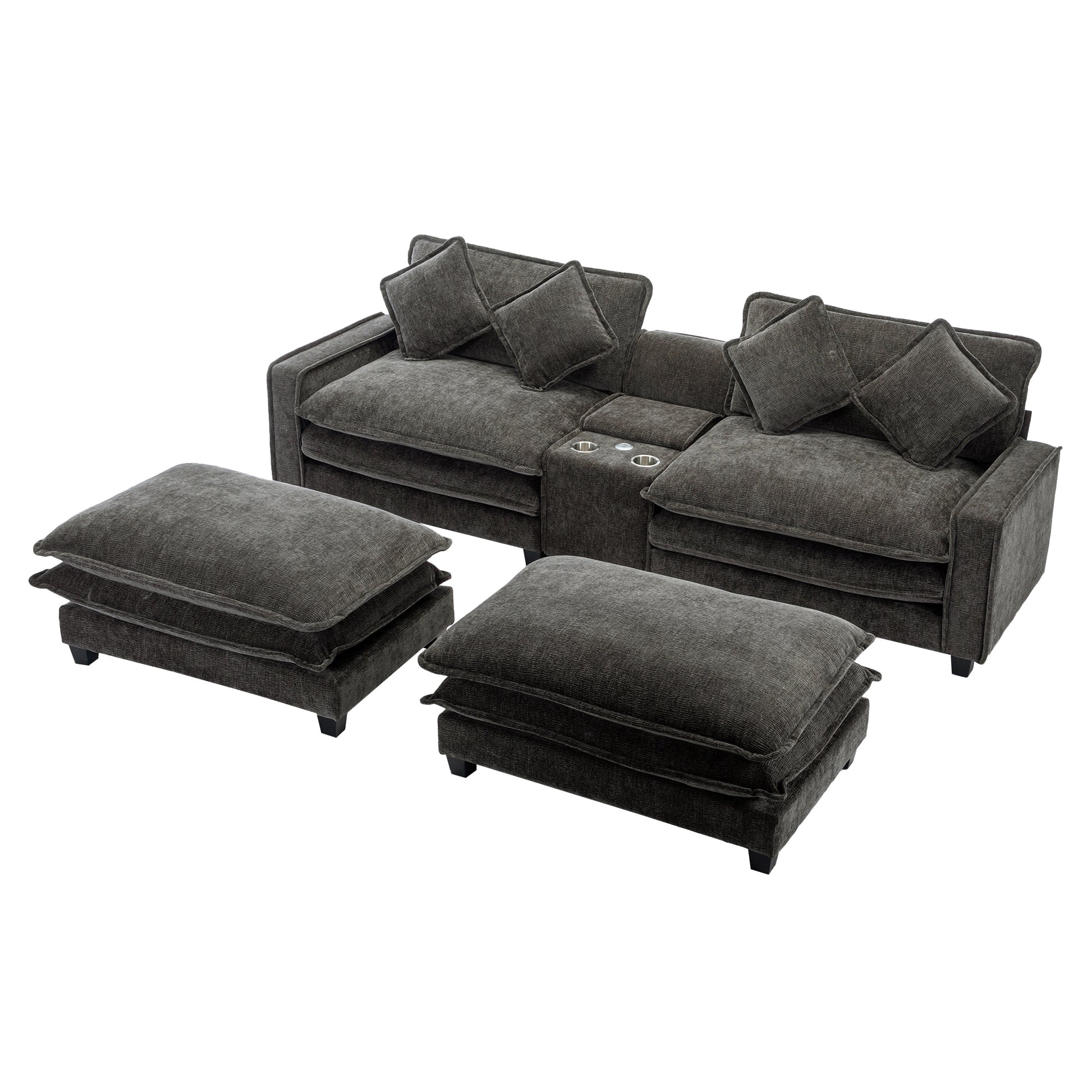 112.6" Sectional Sofa Chenille Upholstered Sofa With Two Removable Ottoman, Two Usb Ports, Two Cup Holders And Large Storage Box For Living Room, Black Black Foam Chenille 2 Seat