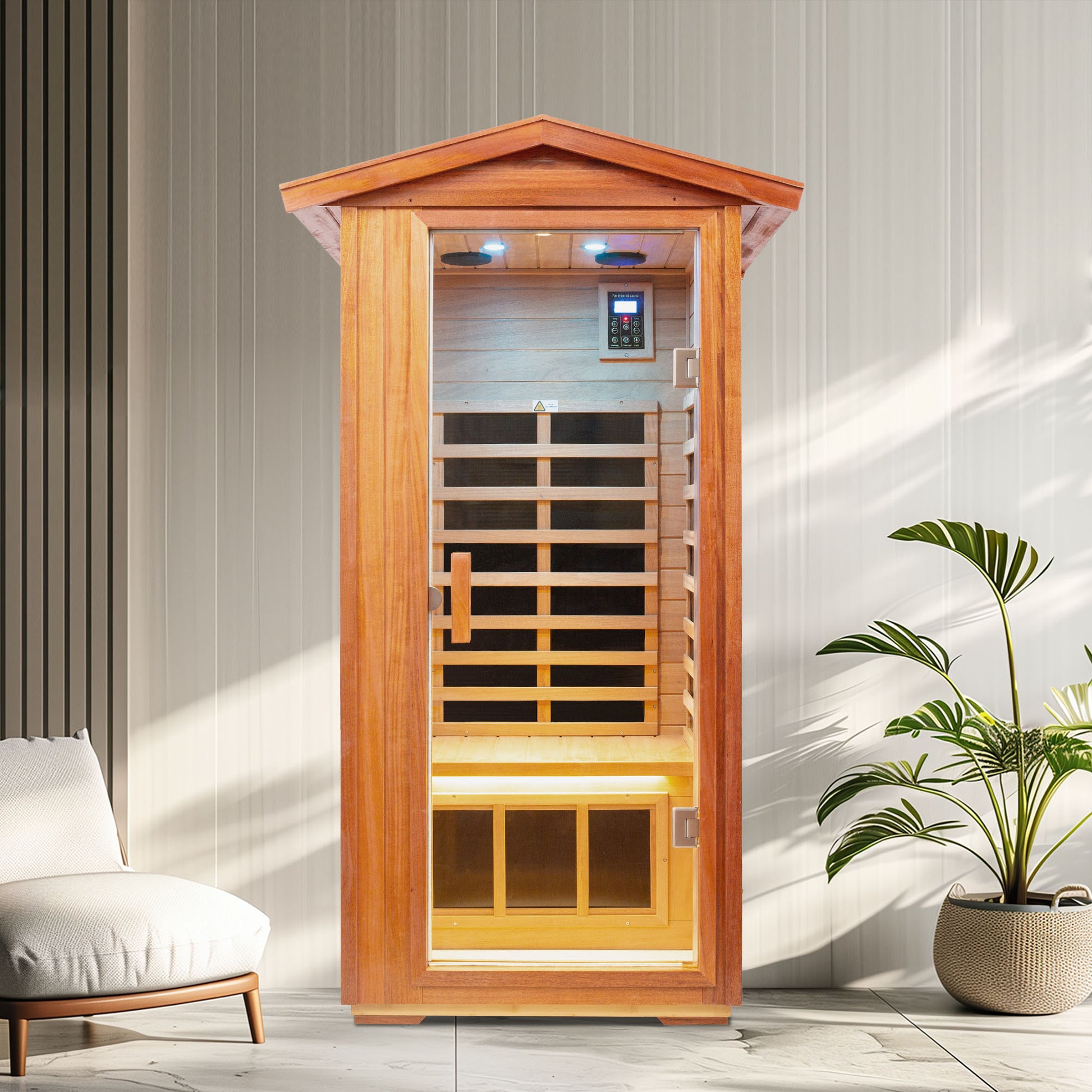 Outdoor Khaya Wood One Person Far Infrared Sauna Room Natural Wood Metal & Wood