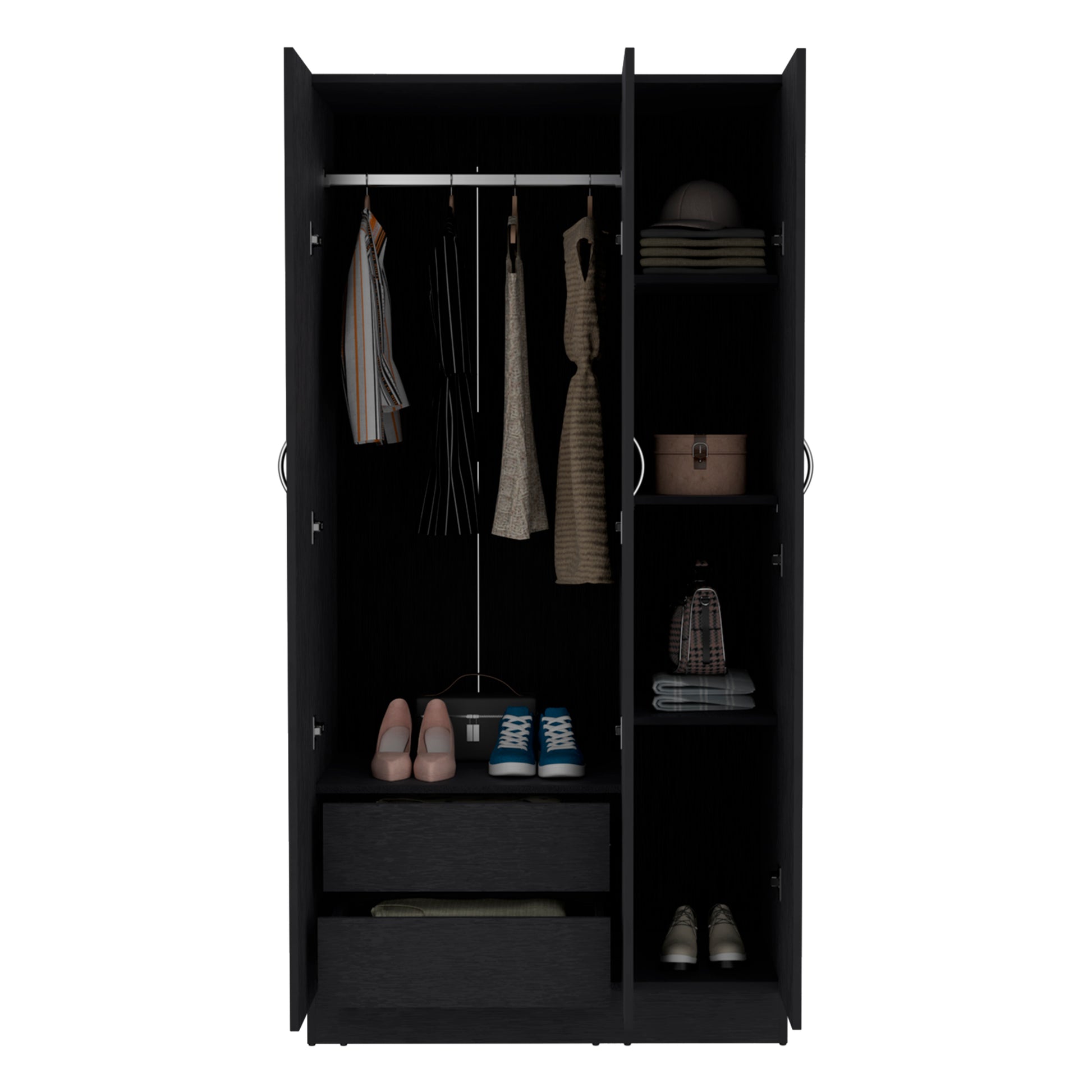 Ohio Armoire Wardrobe With 3 Doors, 2 Drawers, And 4 Tier Shelves Black Black Particle Board