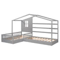 Wood House Bed Twin Size, 2 Twin Solid Bed L Structure With Fence And Slatted Frame, Gray Twin Gray Plywood