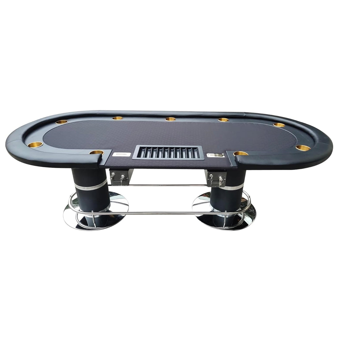 Ino Design 96" Poker Table Elite Oval Dark Knight With Black Waterproof Felt Plastic Chip Tray Steel Drop Box Black Primary Living Space Modern Wood Stainless Steel