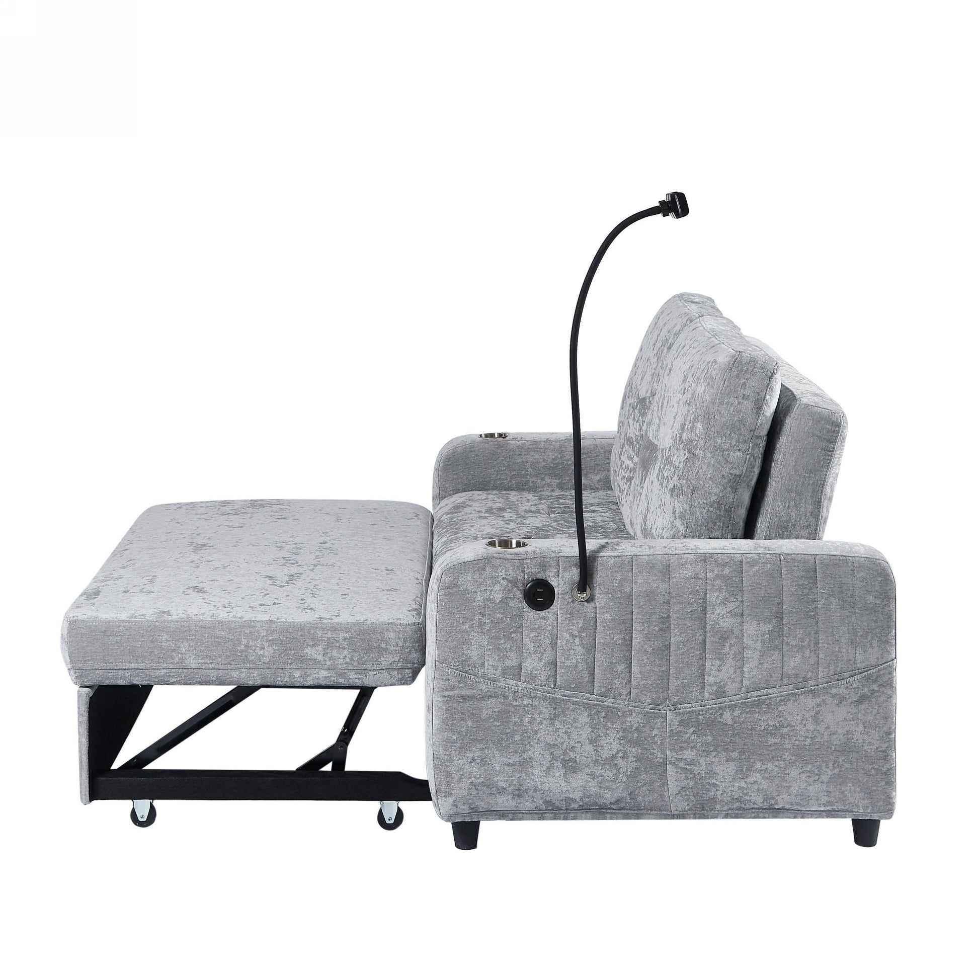 53.9" Modern Loveseat Pull Out Sofa Bed With Adjustable Backrest, Two Cup Holdersa Phone Holder, Three Charging Ports And Side Storage Pockets For Living Room, Grey Grey Foam Chenille