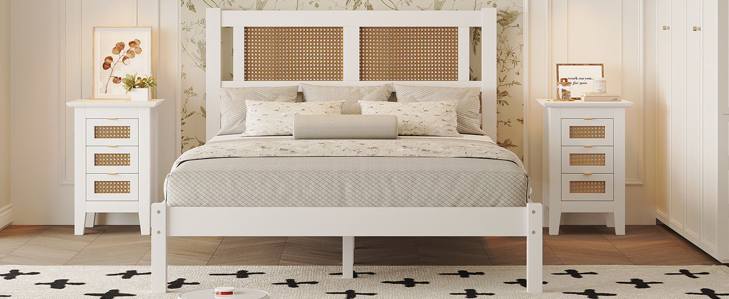 Full Size Wooden Platform Bed With Natural Rattan Headboard, Exquisite Elegance With Minimalist Charm For Bedroom, White White Particle Board