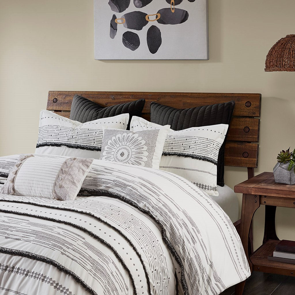 Cotton Printed Comforter Set With Trims Black White Full Queen Queen White Black Cotton