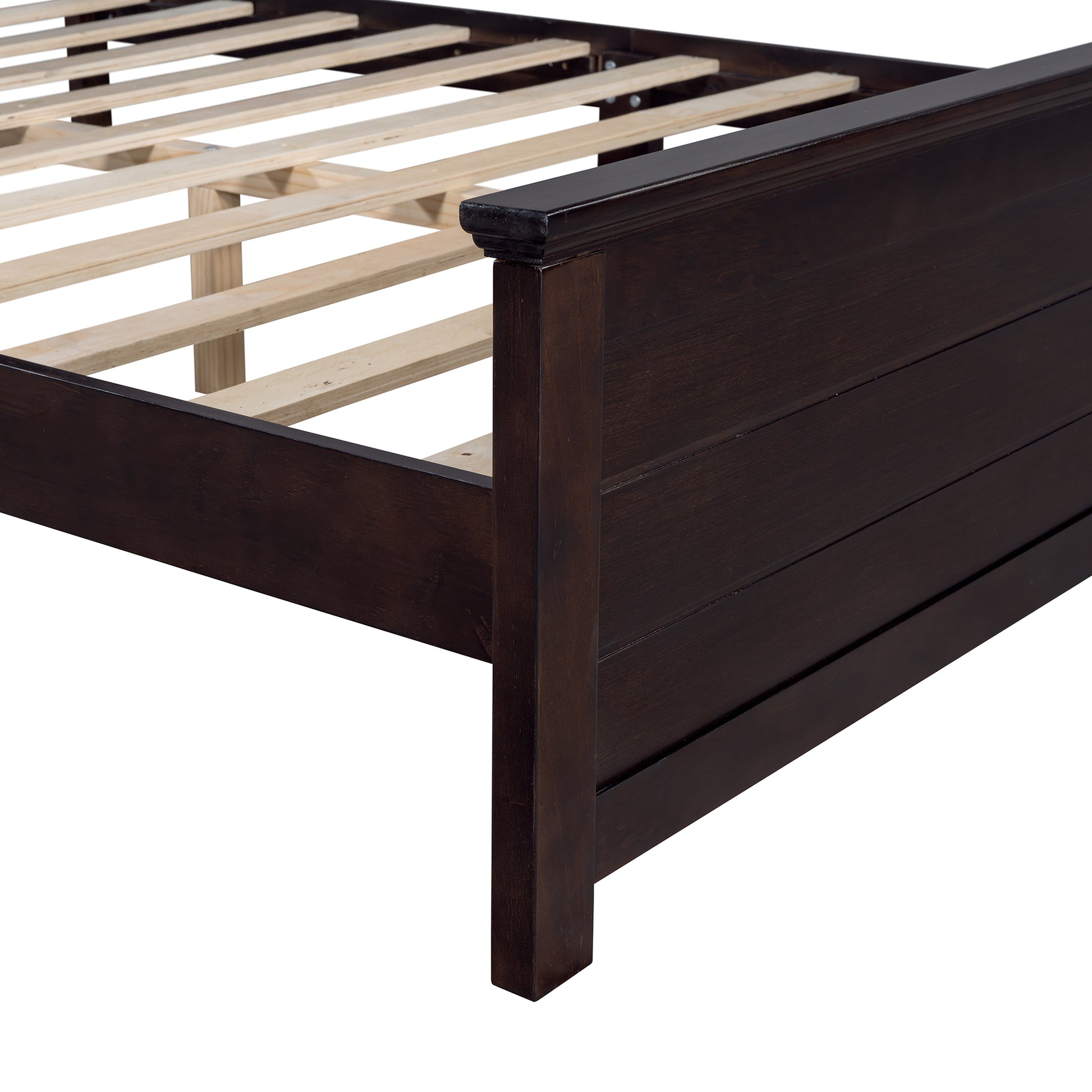 Farmhouse Wooden Platform Queen Size Bed With Curl Design Headboard And Footboard For Teenager, Espresso Queen Espresso Pine