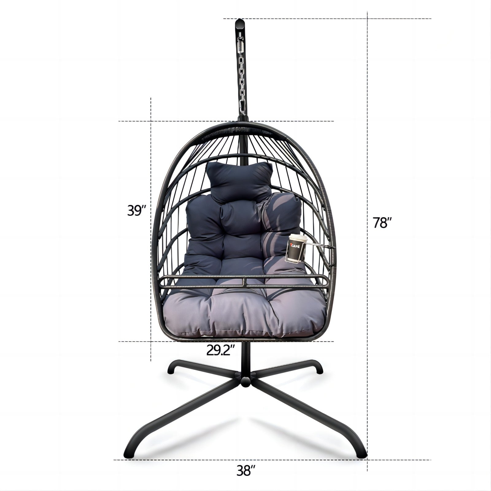 Swing Egg Chair With Stand Indoor Outdoor Wicker Rattan Patio Basket Hanging Chair With C Type Bracketwith Cushion And Pillow,Patio Wicker Folding Hanging Chair Special Construction Cup Holder Black