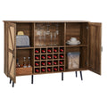 Oak Color Faux Rattan Barn Door Wine Cabinet With Wine Rack And Wine Glass Rack, Double Door Design With Removable Shelves, Rustic Wood Storage Cabinet Oak Particle Board Mdf