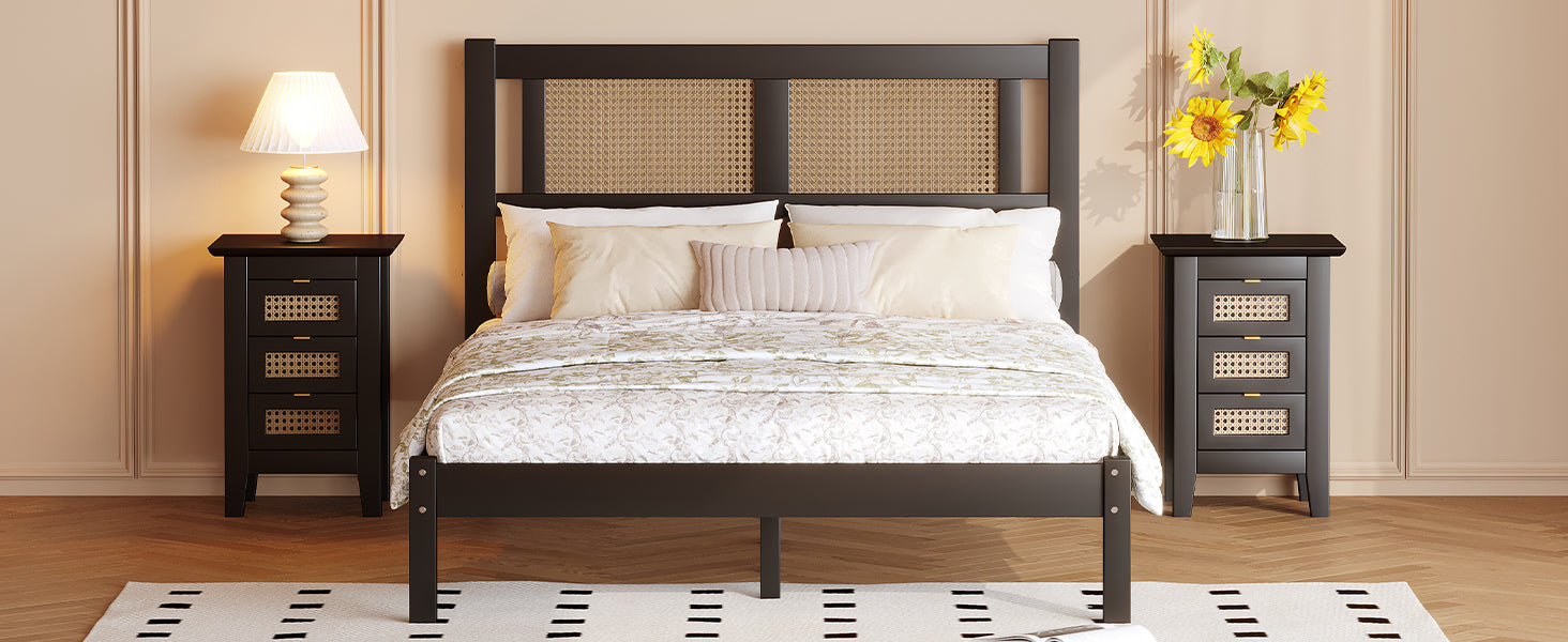 Full Size Wooden Platform Bed With Natural Rattan Headboard, Exquisite Elegance With Minimalist Charm For Bedroom, Black Black Particle Board