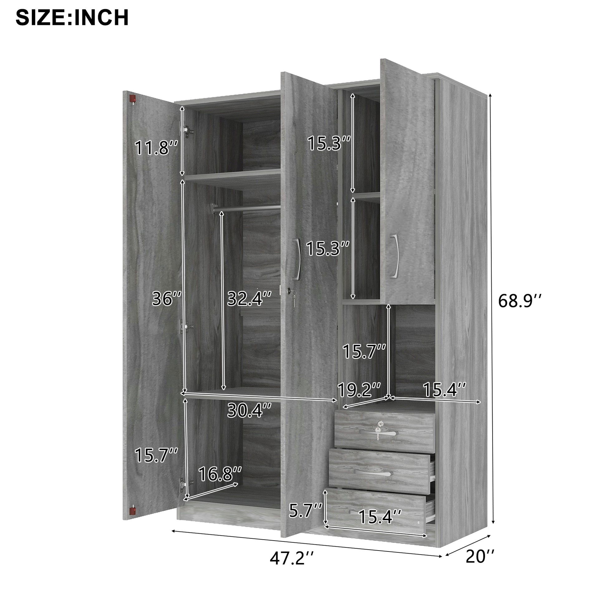 2 Doors Wooden Wardrobe Storage For Bedroom, With Shelves And 3 Drawers, Gray Gray Particle Board