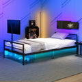Gaming Bed With Rotating Tv Mount And Metal Mesh Frame,Vented Console Storage, Iron Bed With Led Twin Black Modern Iron