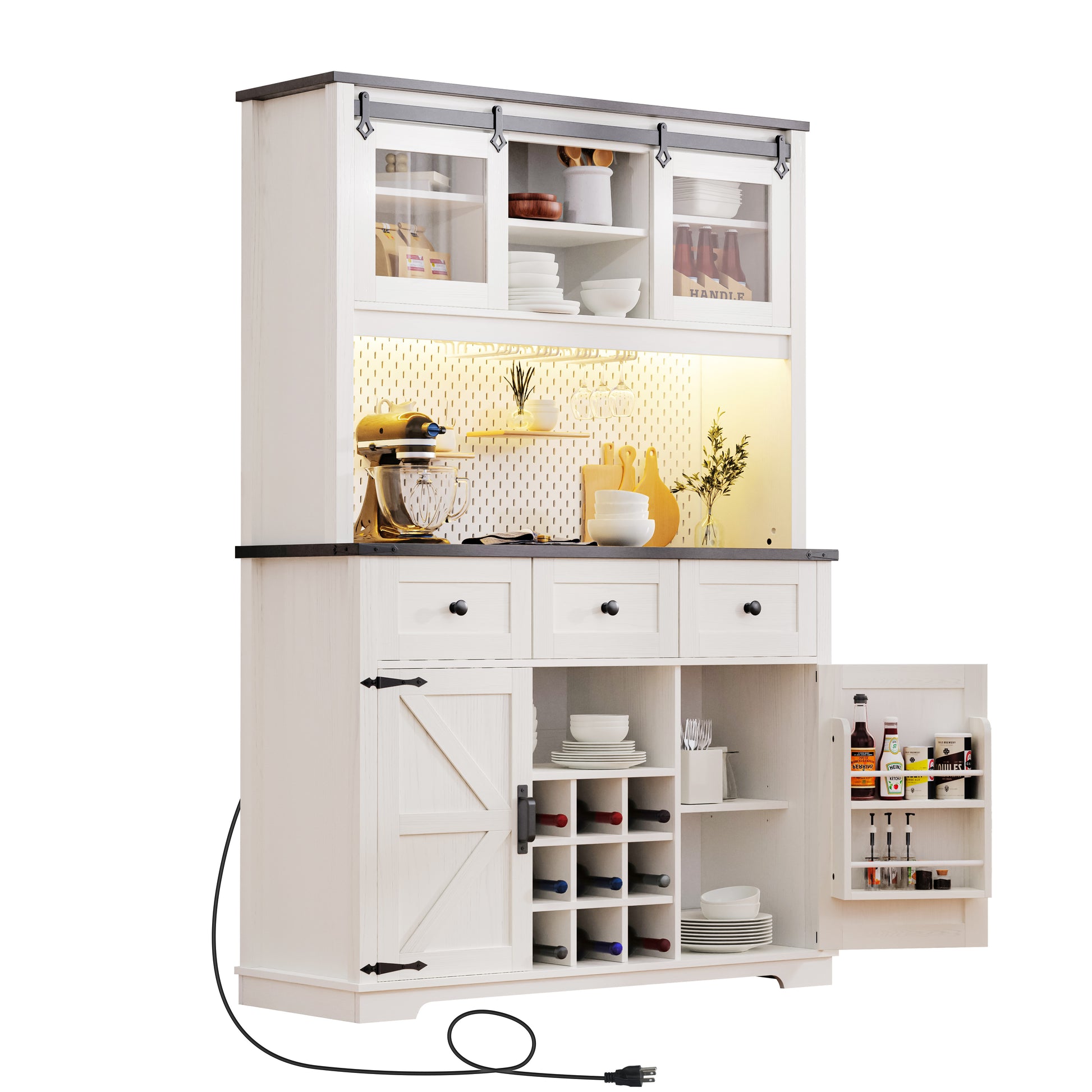 K&K 71" Farmhosue Pantry Bar Cabinet With Internal Storage Rack,Kitchen Cabinet With Hutch,Sliding Door,Power Outlet,Pegboard,Wine & Glasses Rack,3 Drawers,Rustic Coffee Bar Storage Cabinet,White Oak White Oak White Kitchen American Design,American