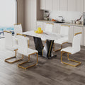 Table And Chair Set, White Imitation Marble Texture Glass Tabletop, Black Mdf Table Legs, Stable And Beautiful. Modern Simple Dining Table, Comfortable Seating. White Black Seats 6 Mdf Glass