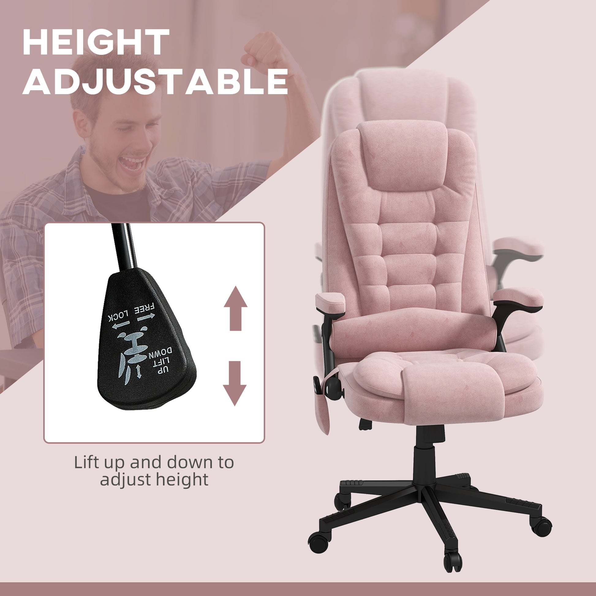 Homcom 6 Point Vibrating Massage Office Chair With Heat, Velvet High Back Executive Office Chair With Reclining Backrest, Padded Armrests And Remote, Pink Pink Polyester