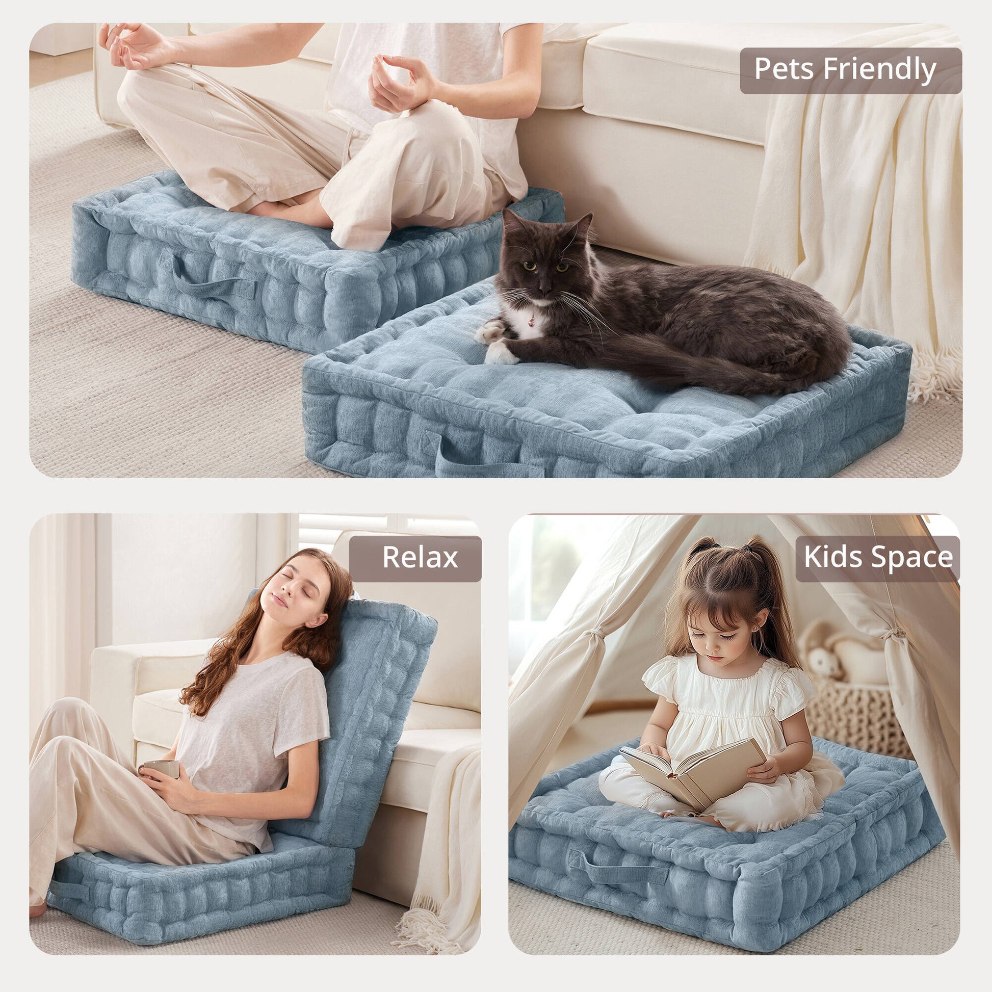 Poly Chenille Square Floor Pillow Cushion 24X24" Aqua Blue Polyester