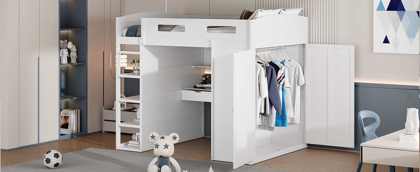 Full Size Loft Bed With Desk, Wardrobes, 4 Drawers And 4 Shelves White Full White Solid Wood