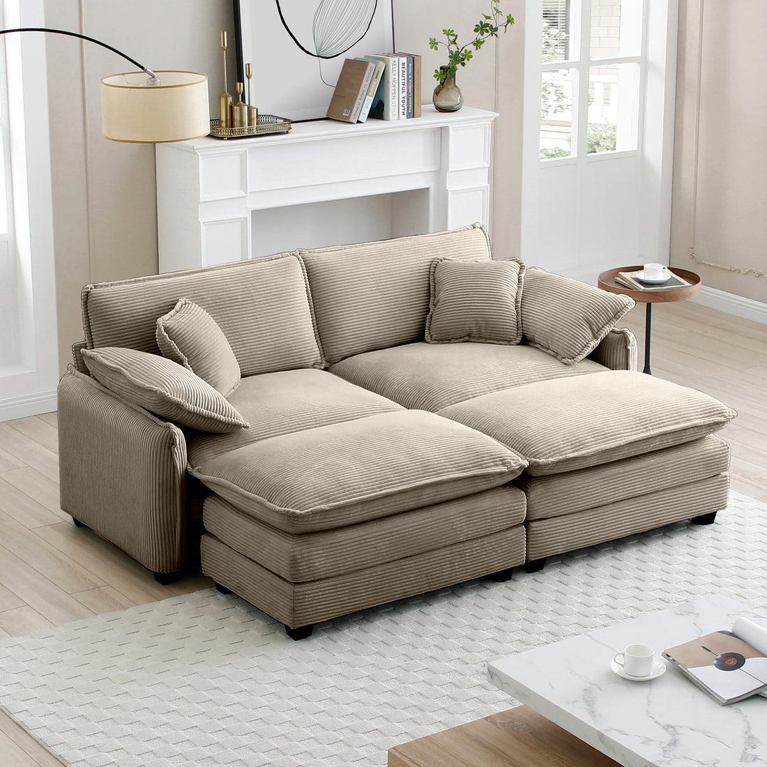Two Seater Theater Sofa With 2 Footrest, 2 Seater Sofa With Ottoman For Small Living Spaces,Tan Corduroy Tan Corduroy 2 Seat