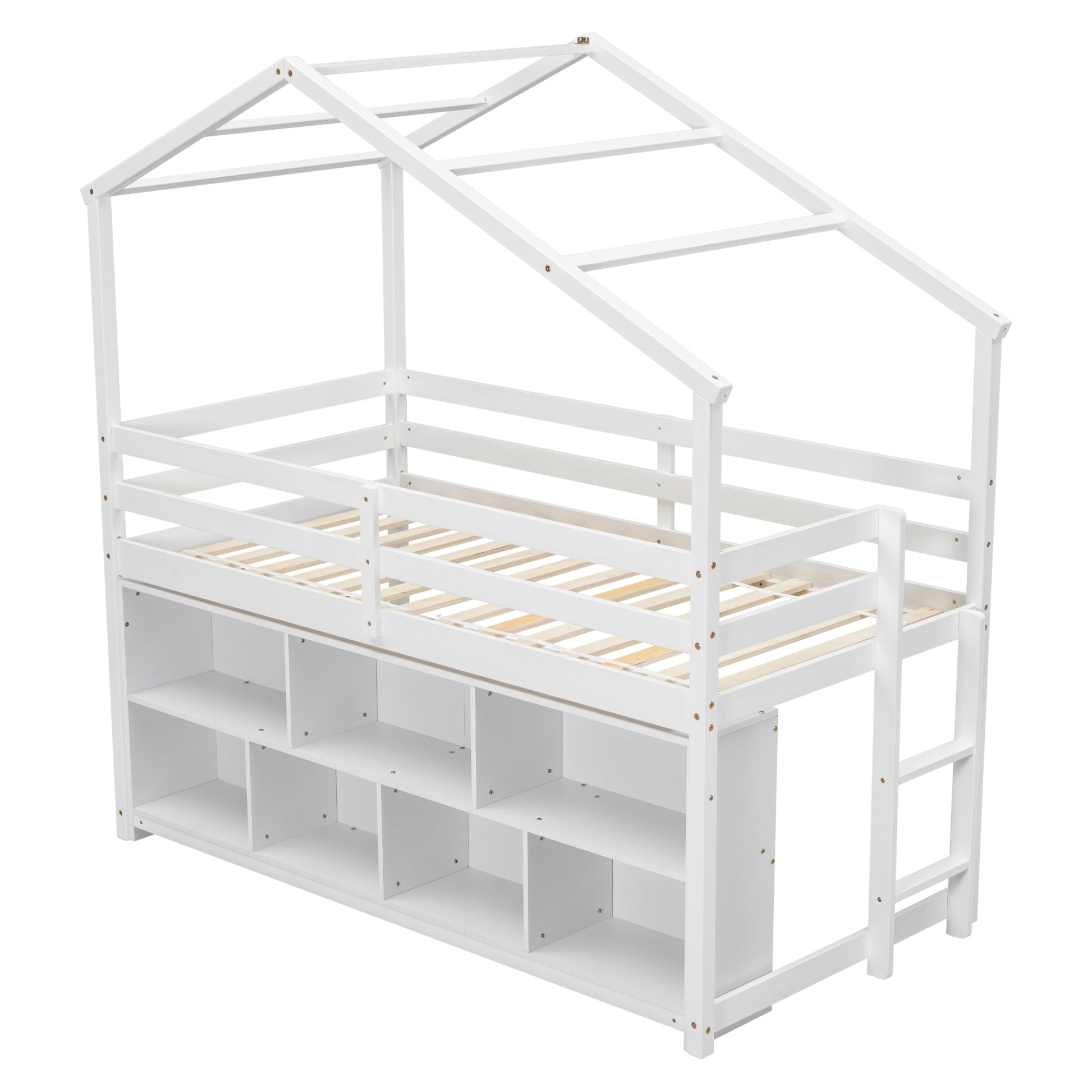 Twin House Loft Bed With Roof Frame, Under Bed Shelving Storage Unit, Guardrails, Ladder,White Twin White Bedroom American Design Pine Pine