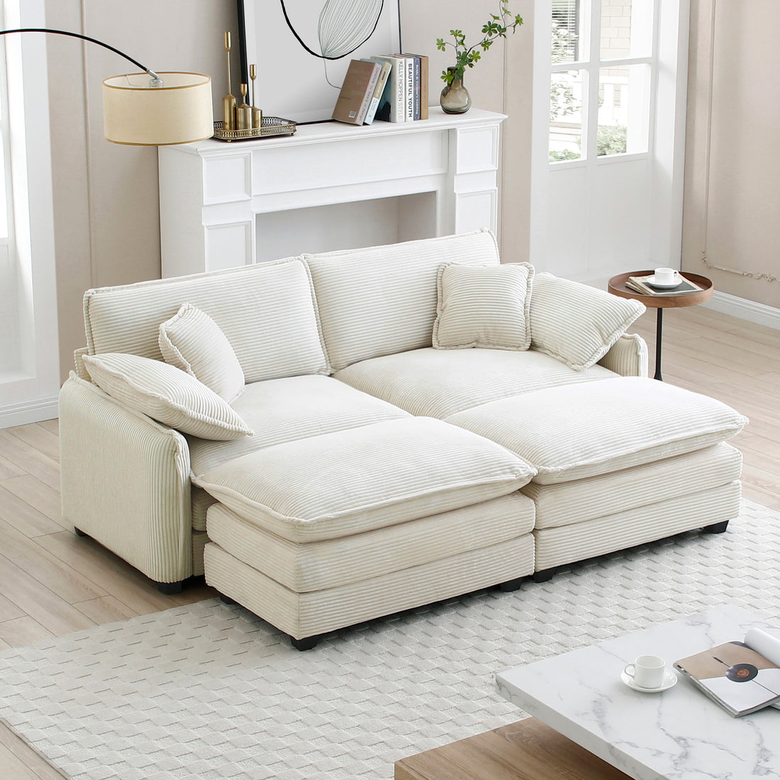 Two Seater Theater Sofa With 2 Footrest, 2 Seater Sofa With Ottoman For Small Living Spaces, Beige Corduroy Beige Corduroy 2 Seat
