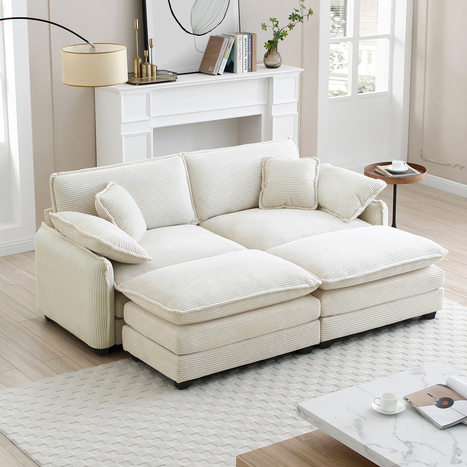 Two Seater Theater Sofa With 2 Footrest, 2 Seater Sofa With Ottoman For Small Living Spaces, Beige Corduroy Beige Corduroy 2 Seat
