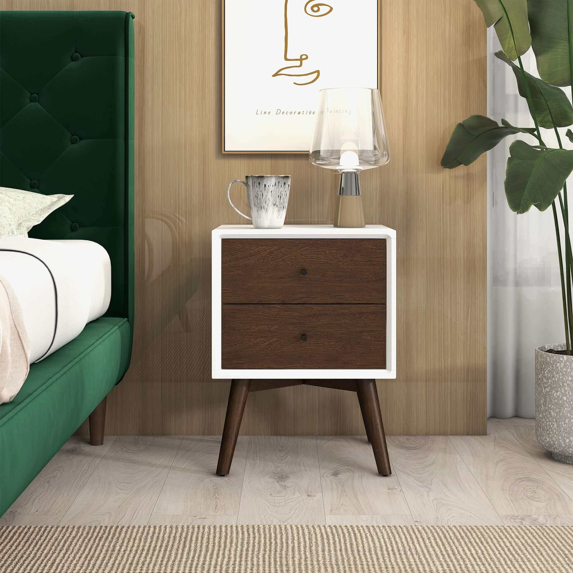 Caroline Mid Century Modern Style White Night Stand 2 Drawer Dark Brown,White Brown 2 Drawers Bedroom With Legs Walnut Solid Wood Walnut Solid Wood