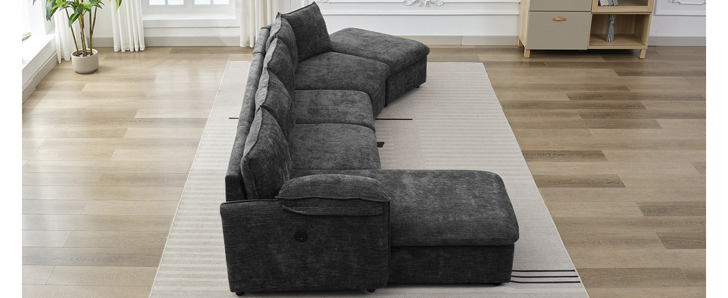 146.9" L Shaped Sofa Sectional Sofa Couch Pull Out Sofa Bed With A Movable Storage Ottoman, A Storage Chaise Lounge And Two Usb Ports For Living Room, Grey Grey Foam Linen 5 Seat