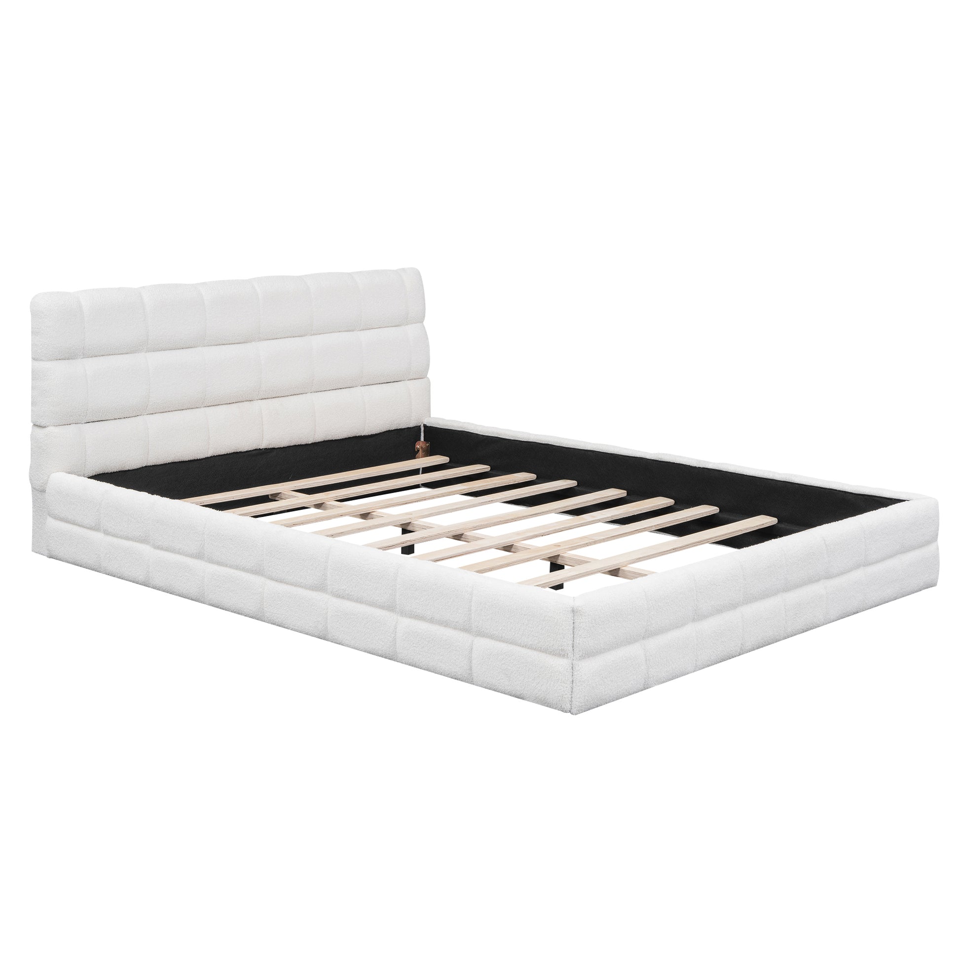 Queen Size Upholstered Platform Bed, White Box Spring Not Required Queen White Wood Bedroom Bed Frame Upholstered