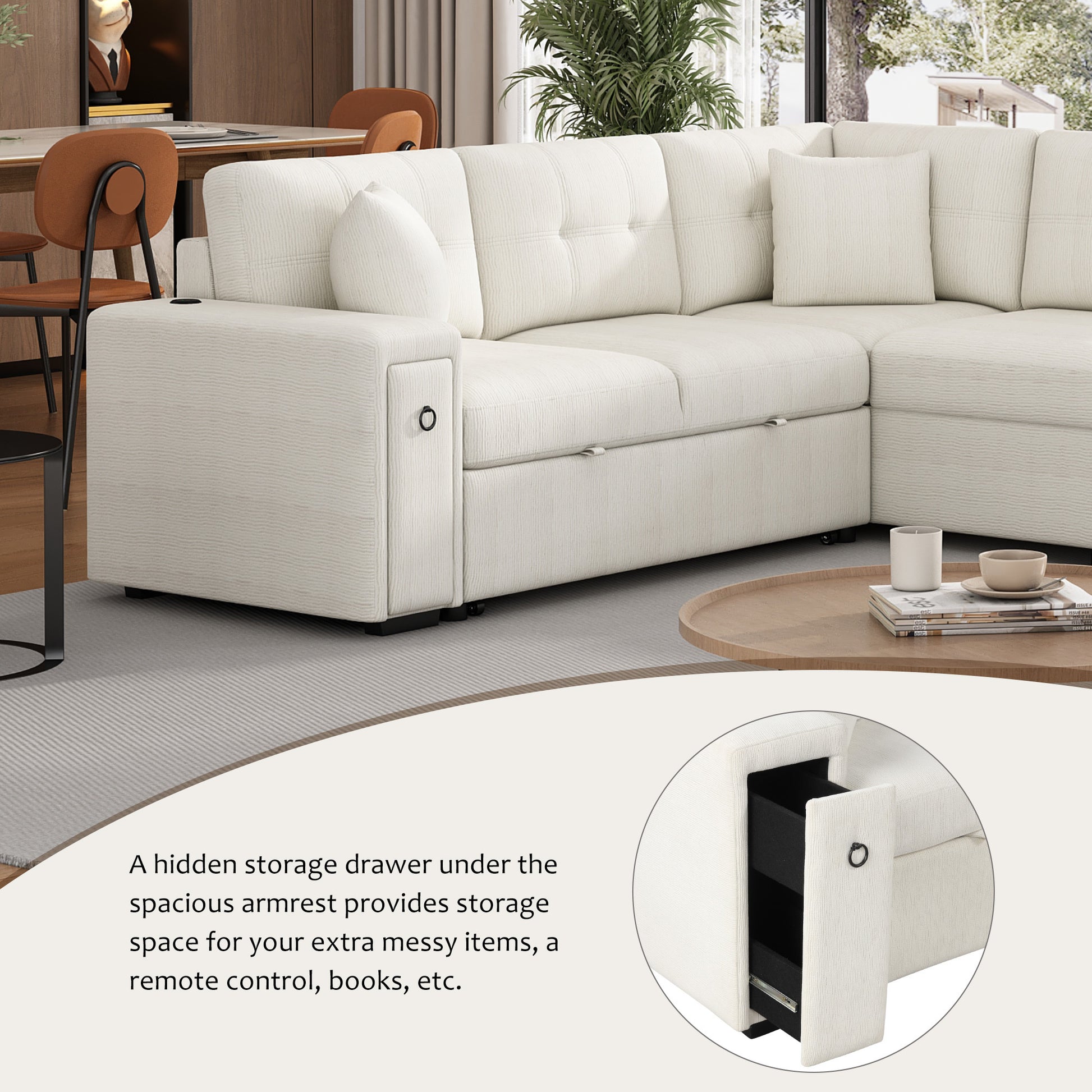 86.6" Sectional Sofa L Shaped Sofa Couch Pull Out Sofa Bed With A Movable Ottoman, Two Usb Ports And Two Cup Holders For Living Room, Beige Beige Foam Chenille 4 Seat