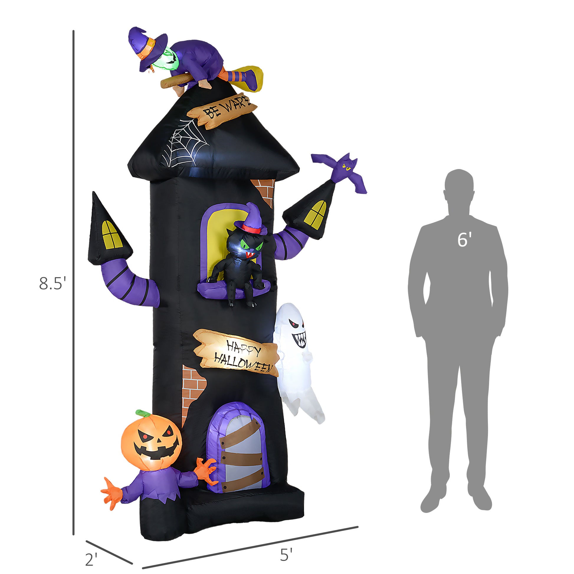 Outsunny 8.5Ft Halloween Inflatables Horror Tree House With Witch, Black Cat, Ghost And Pumpkin Man, Blow Up Halloween Decorations Outdoor Led Yard Display, Waterproof Black Polyester