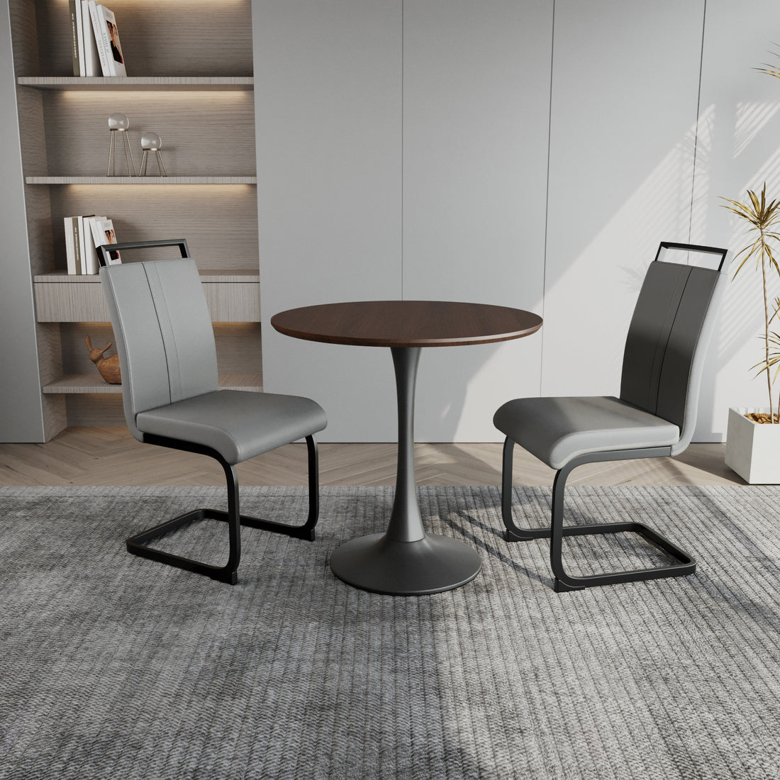 Walnut Circular Dining Table, 31.5 "Tulip Dining Table, Kitchen Dining Table For 2 4 People, Mdf Tabletop And Base, And 2 Gray Pu Black Metal Leg Dining Chairs Set 2 Walnut Mdf