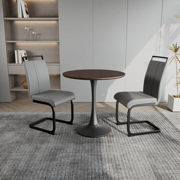 Walnut Circular Dining Table, 31.5 "Tulip Dining Table, Kitchen Dining Table For 2 4 People, Mdf Tabletop And Base, And 2 Gray Pu Black Metal Leg Dining Chairs Set 2 Walnut Mdf