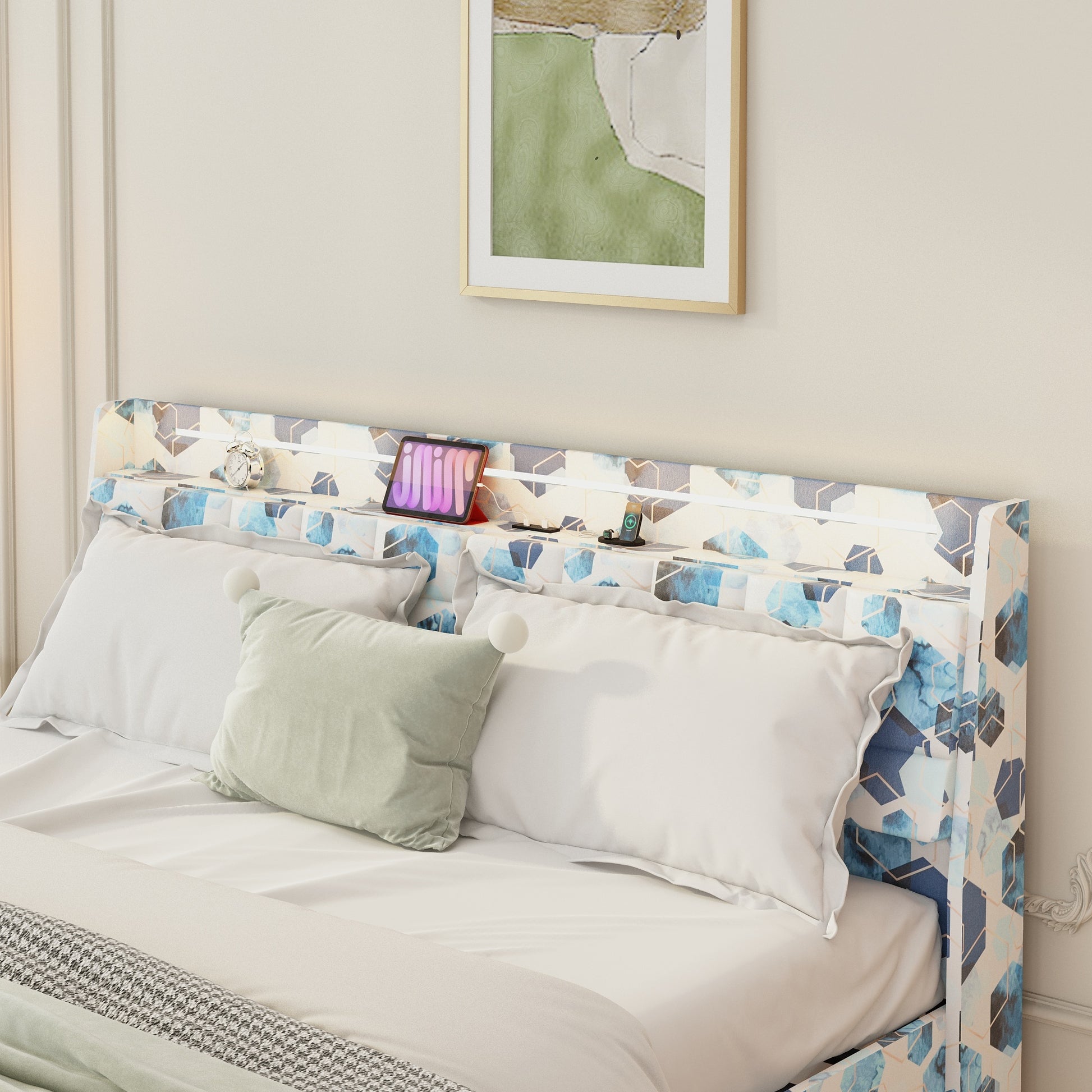 Queen Floating Bed Frame With Led Light And Charging Station Upholstered Platform Bed Frame Queen Size With Headboard And Hidden Storage Space, No Box Spring Needed, Blue Box Spring Not Required Queen Blue Geometry Metal Bedroom Bed Frame Velvet Velvet