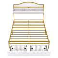 Metal Platform Bed With 2 Drawers, Storage Headboard, Queen, Gold Queen Gold White Fabric Metal