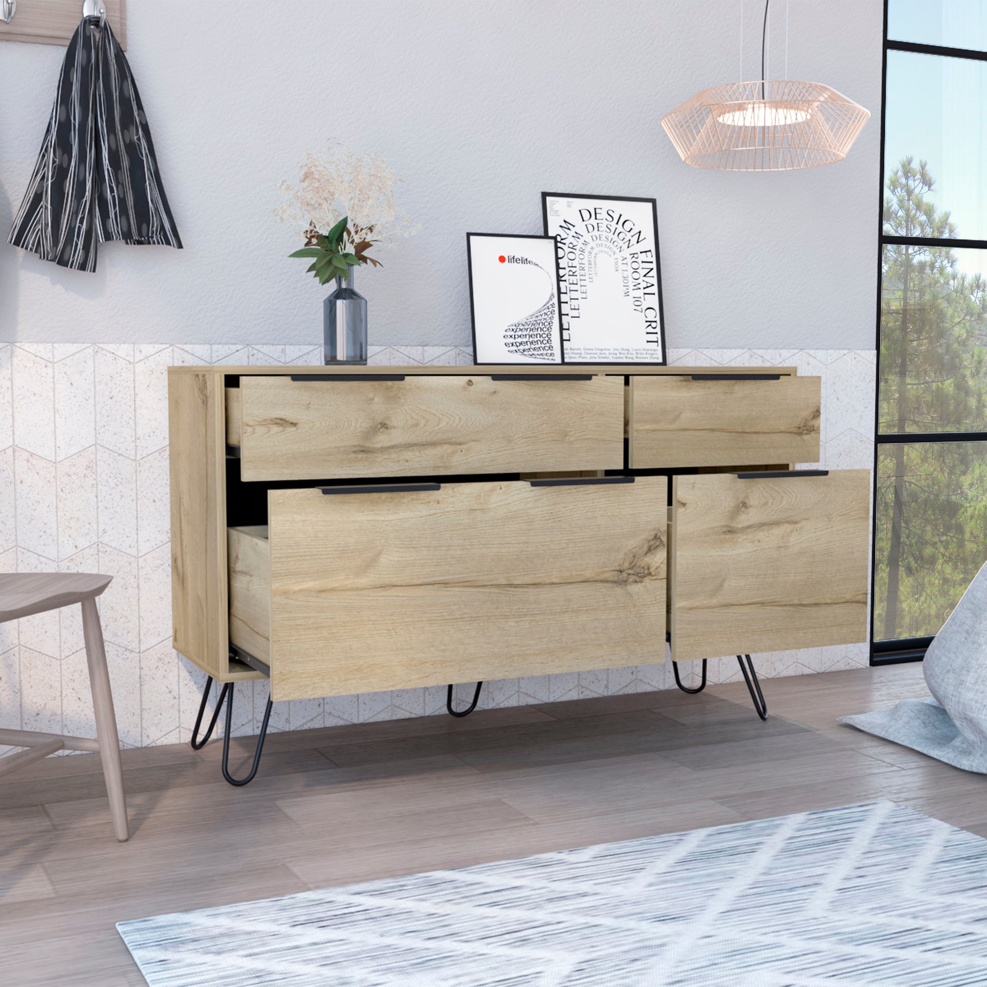 Augusta Double Dresser, Superior Top, Hairpin Legs, Four Drawers Light Oak Light Oak Bedroom Modern Particle Board